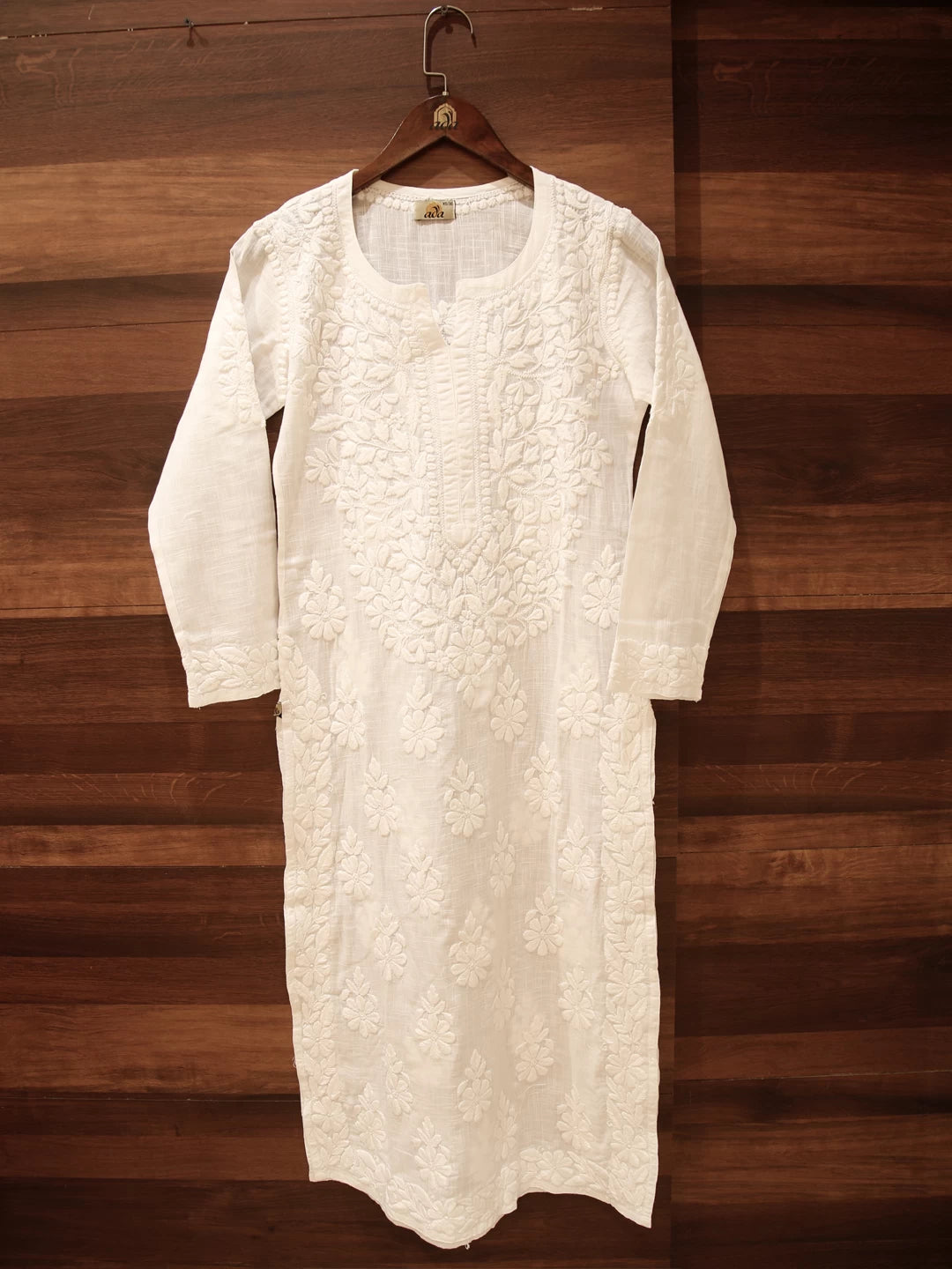 Ada Hand Embroidered White Linen Lucknowi Chikankari Straight Kurta A411506