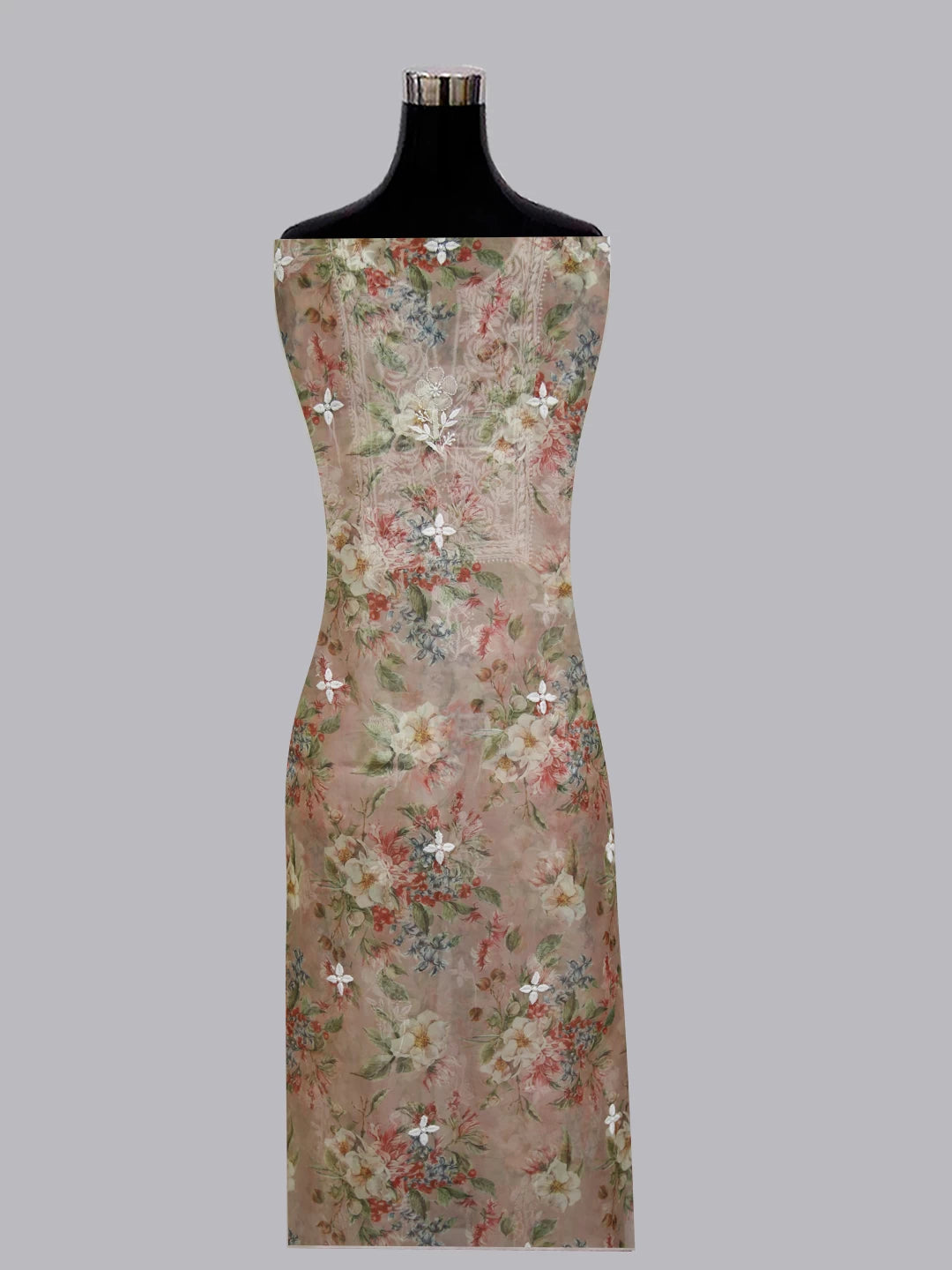 Ada Hand Embroidered Dusty Peach Organza Lucknowi Chikankari Unstitched Kurta Dupatta Set 01A402409