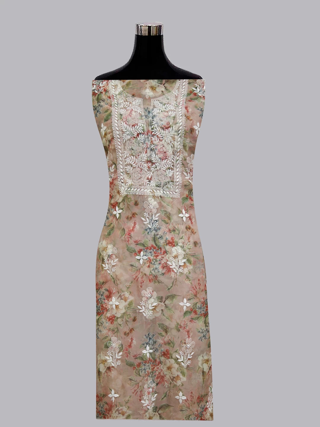 Ada Hand Embroidered Dusty Peach Organza Lucknowi Chikankari Unstitched Kurta Dupatta Set 01A402409