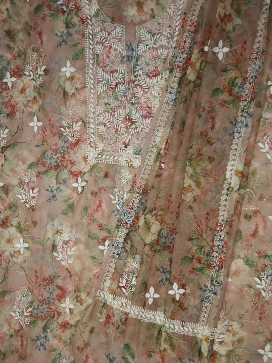 Ada Hand Embroidered Dusty Peach Organza Lucknowi Chikankari Unstitched Kurta Dupatta Set 01A402409