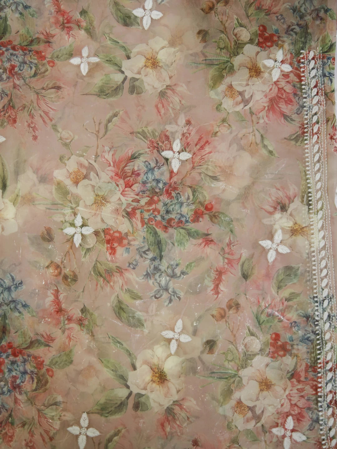 Ada Hand Embroidered Dusty Peach Organza Lucknowi Chikankari Unstitched Kurta Dupatta Set 01A402409