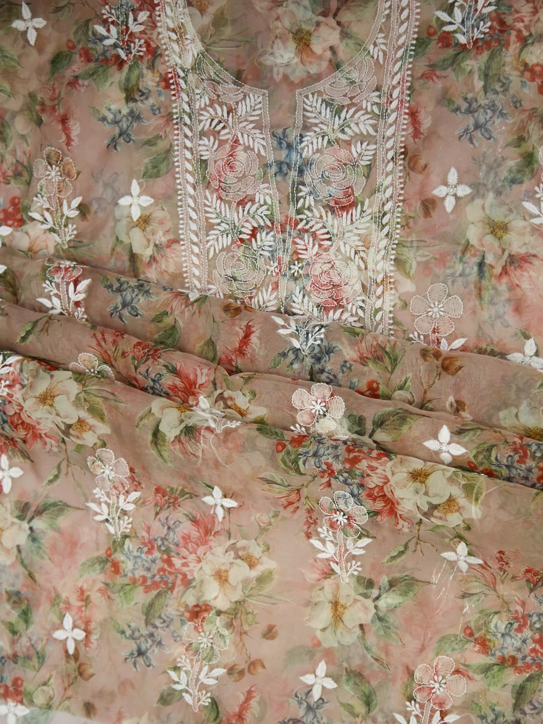 Ada Hand Embroidered Dusty Peach Organza Lucknowi Chikankari Unstitched Kurta Dupatta Set 01A402409