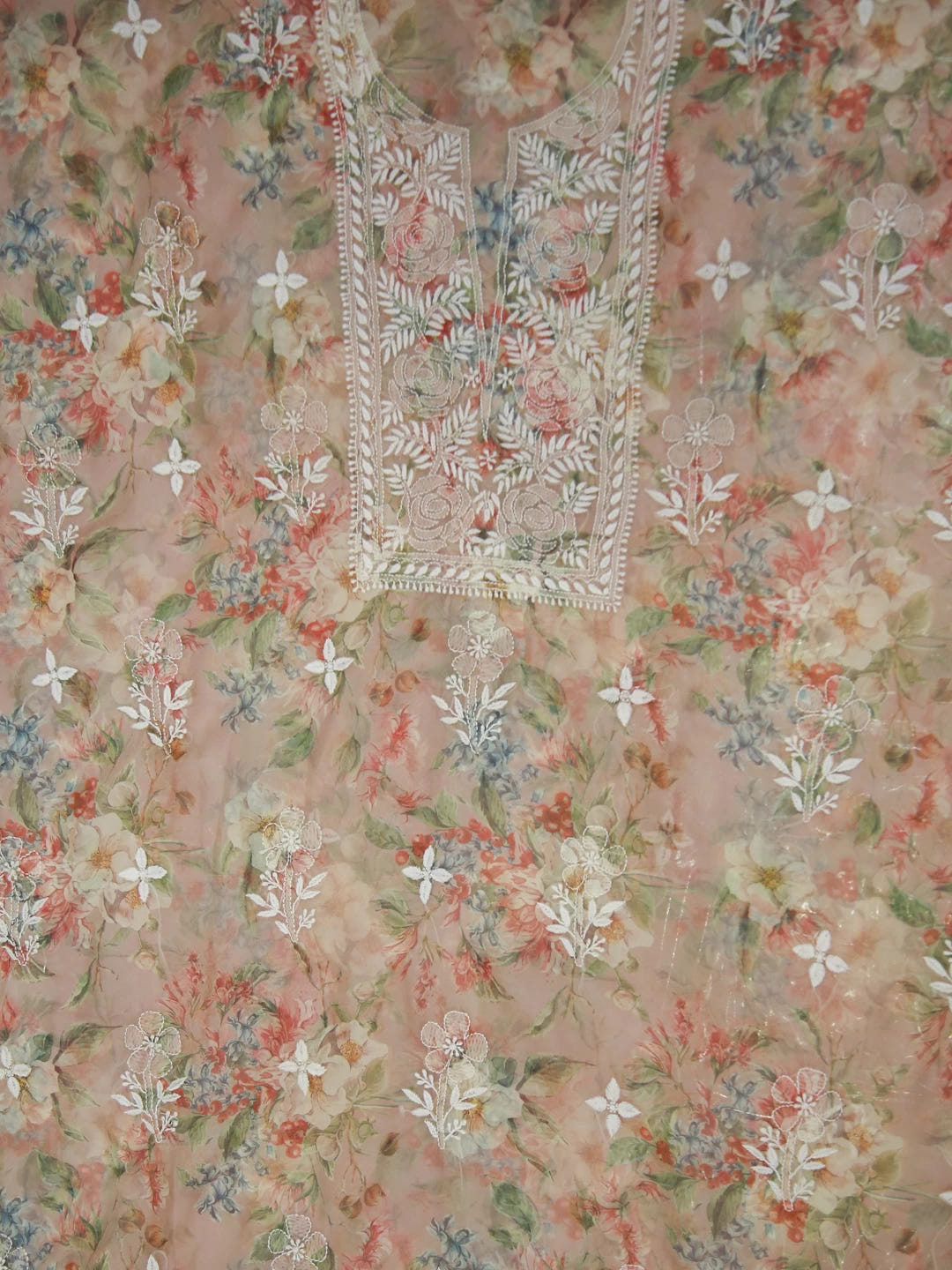 Ada Hand Embroidered Dusty Peach Organza Lucknowi Chikankari Unstitched Kurta Dupatta Set 01A402409