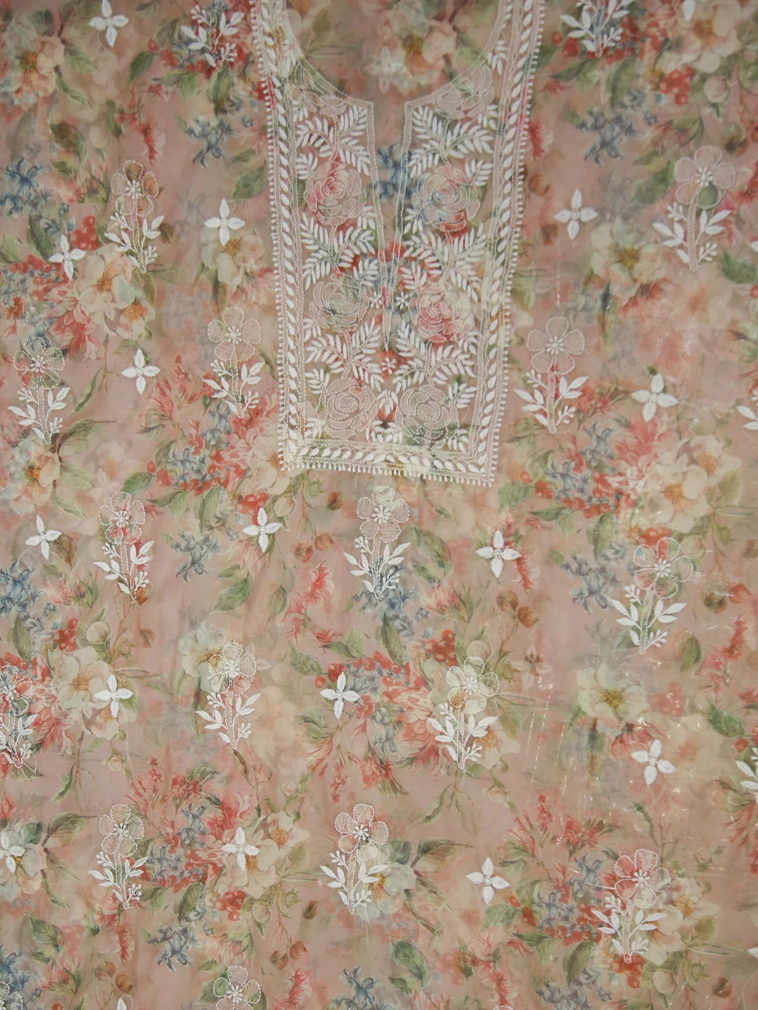 Ada Hand Embroidered Dusty Peach Organza Lucknowi Chikankari Unstitched Kurta Dupatta Set 01A402409