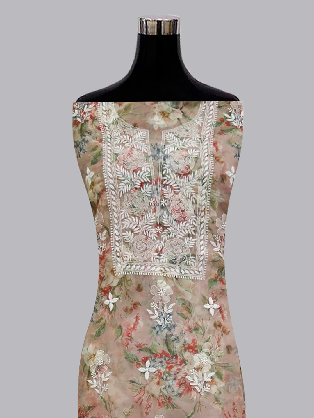 Ada Hand Embroidered Dusty Peach Organza Lucknowi Chikankari Unstitched Kurta Dupatta Set 01A402409