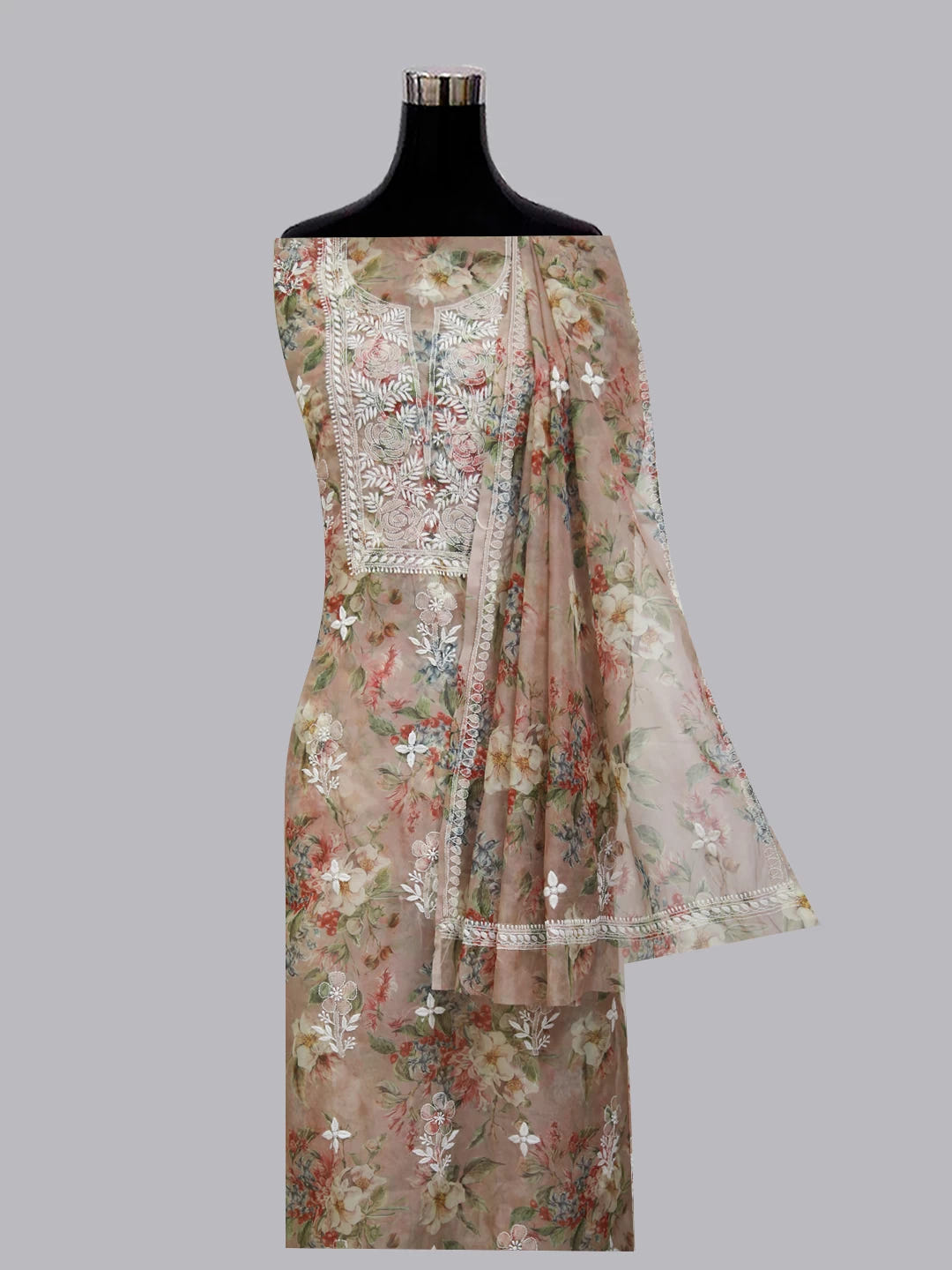 Ada Hand Embroidered Dusty Peach Organza Lucknowi Chikankari Unstitched Kurta Dupatta Set 01A402409