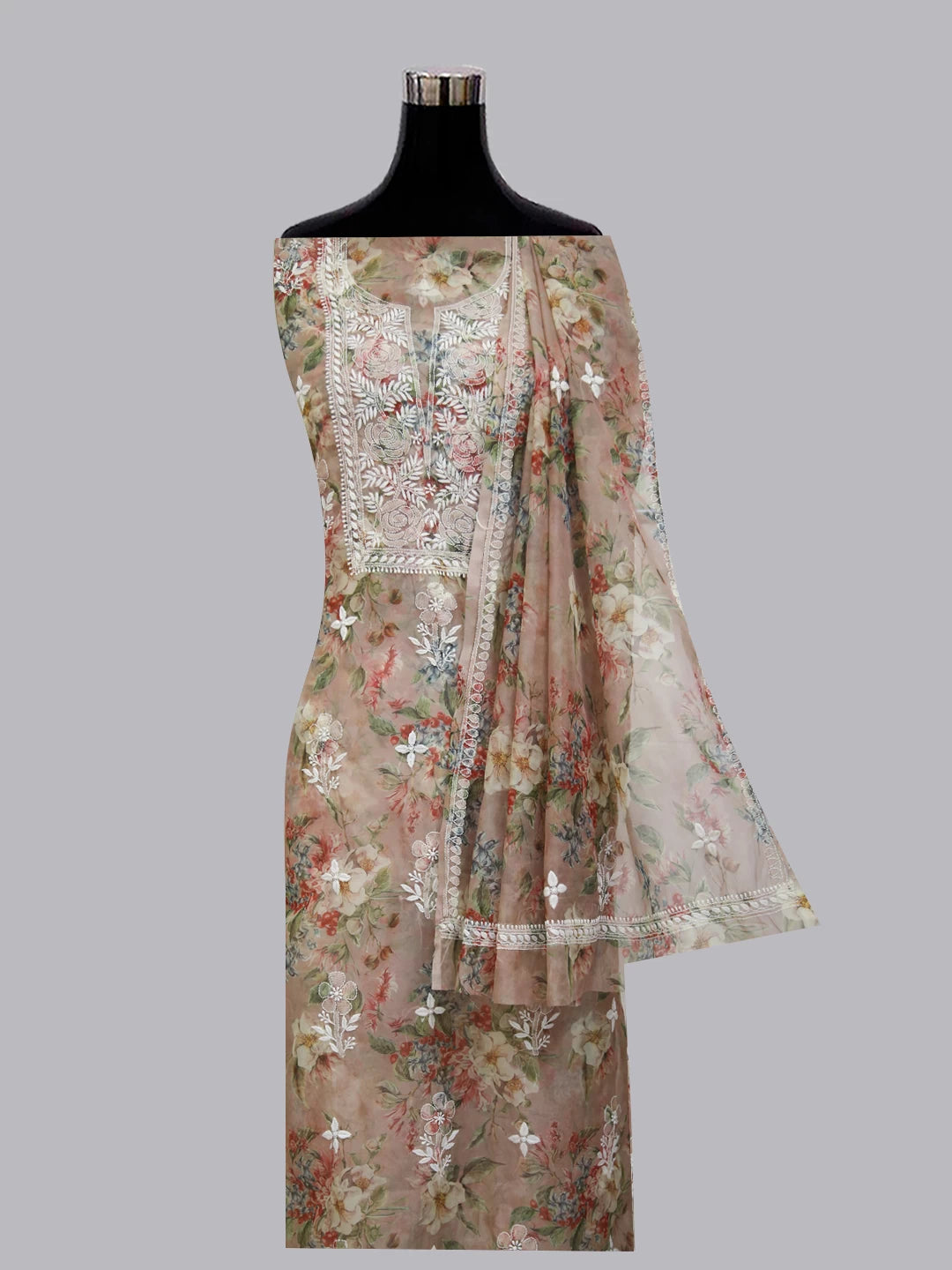 Ada Hand Embroidered Dusty Peach Organza Lucknowi Chikankari Unstitched Kurta Dupatta Set 01A402409