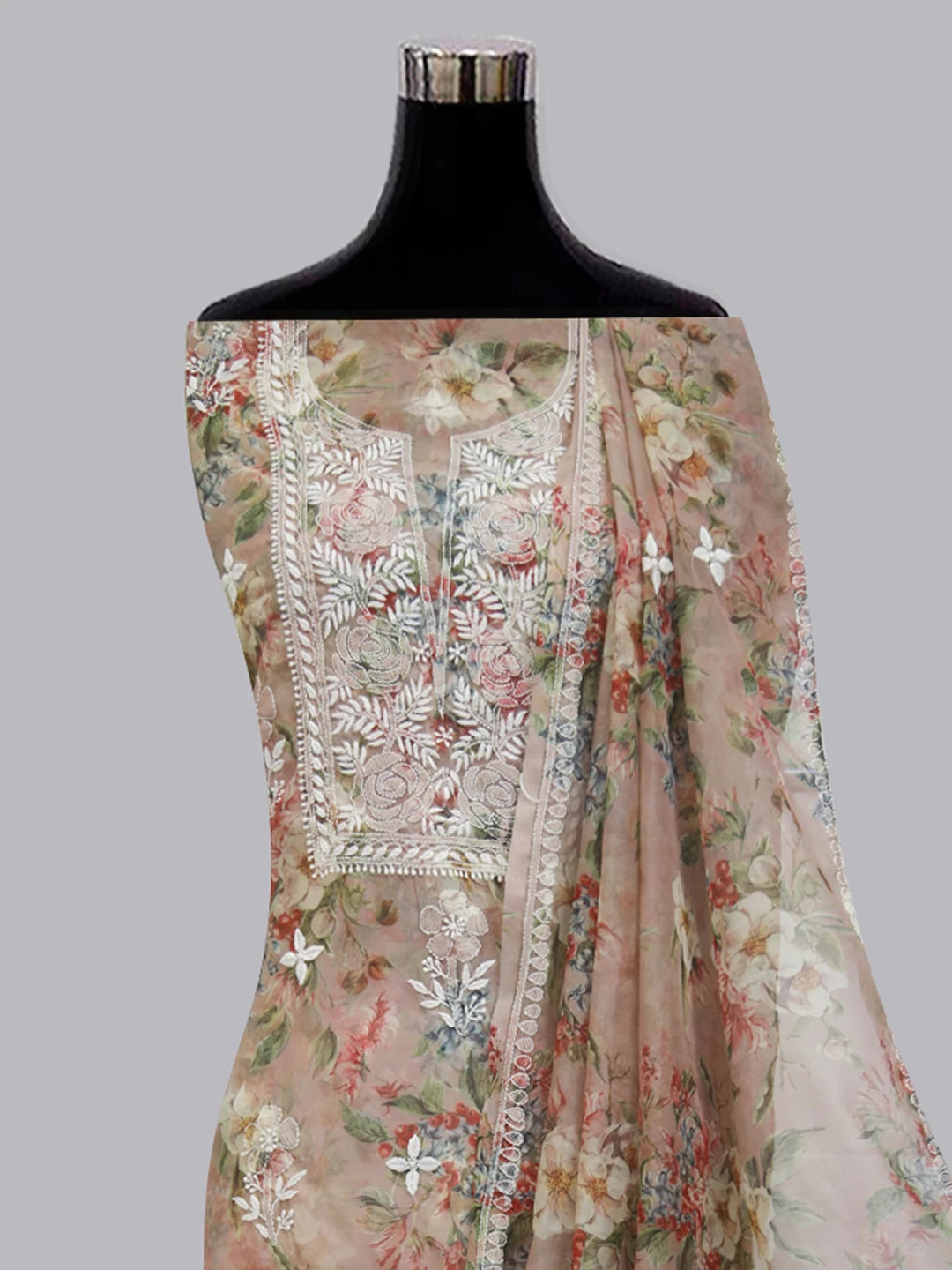 Ada Hand Embroidered Dusty Peach Organza Lucknowi Chikankari Unstitched Kurta Dupatta Set 01A402409