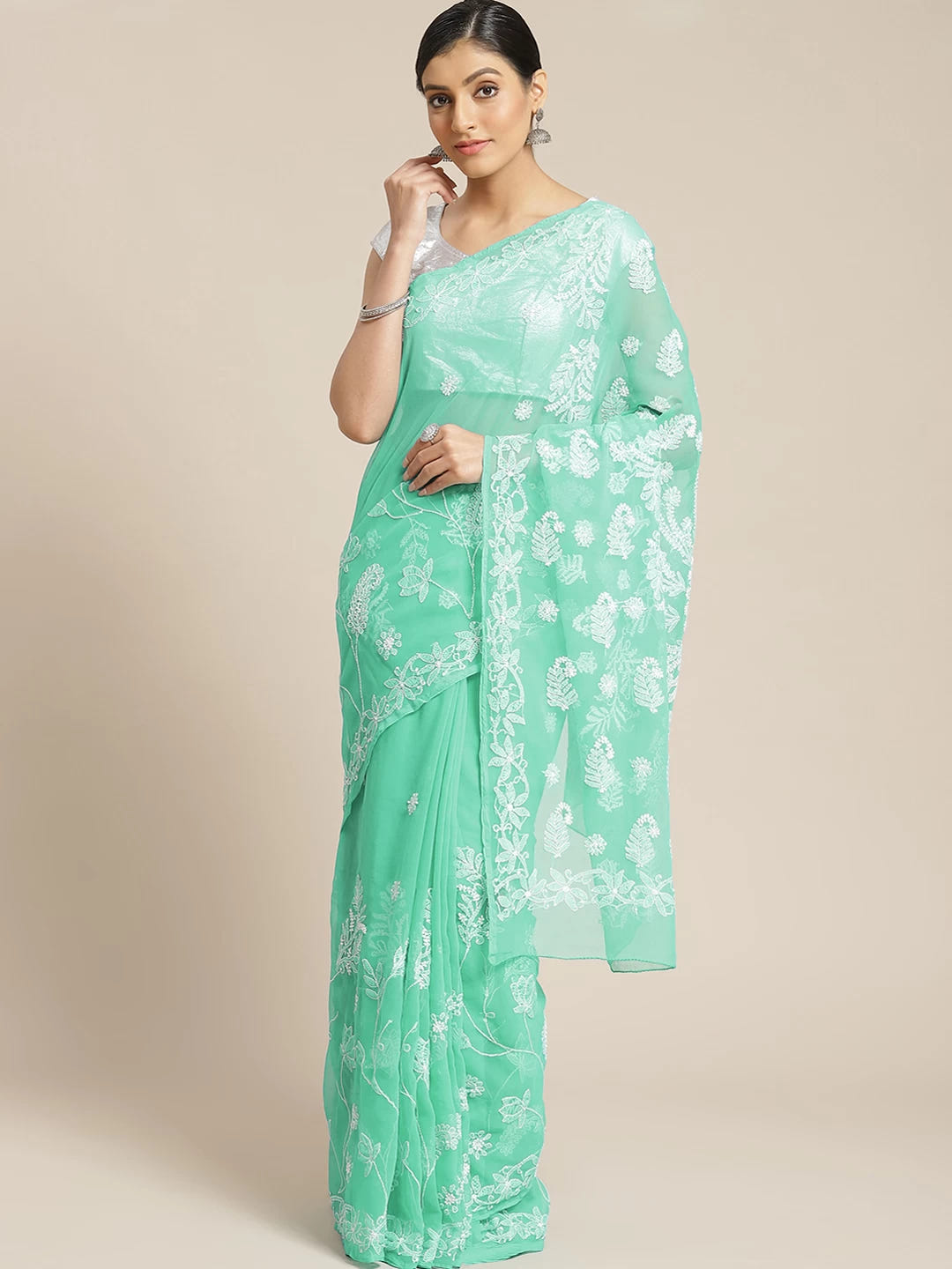 Ada Hand Embroidered Sea Green Georgette Lucknowi Chikankari Saree with Blouse A129589
