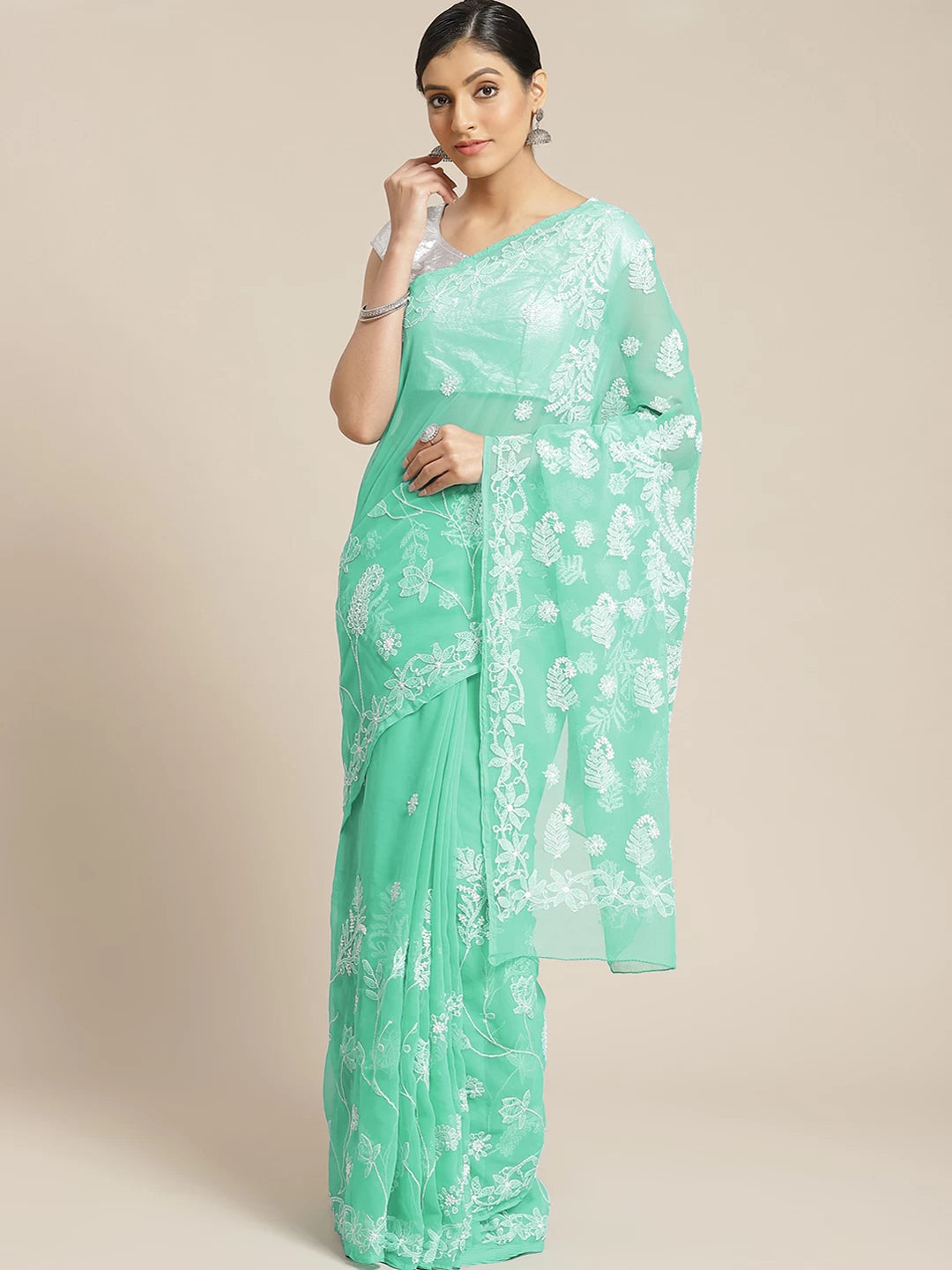 Ada Hand Embroidered Sea Green Georgette Lucknowi Chikankari Saree with Blouse A129589