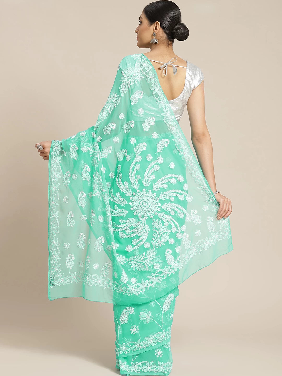 Ada Hand Embroidered Sea Green Georgette Lucknowi Chikankari Saree with Blouse A129589