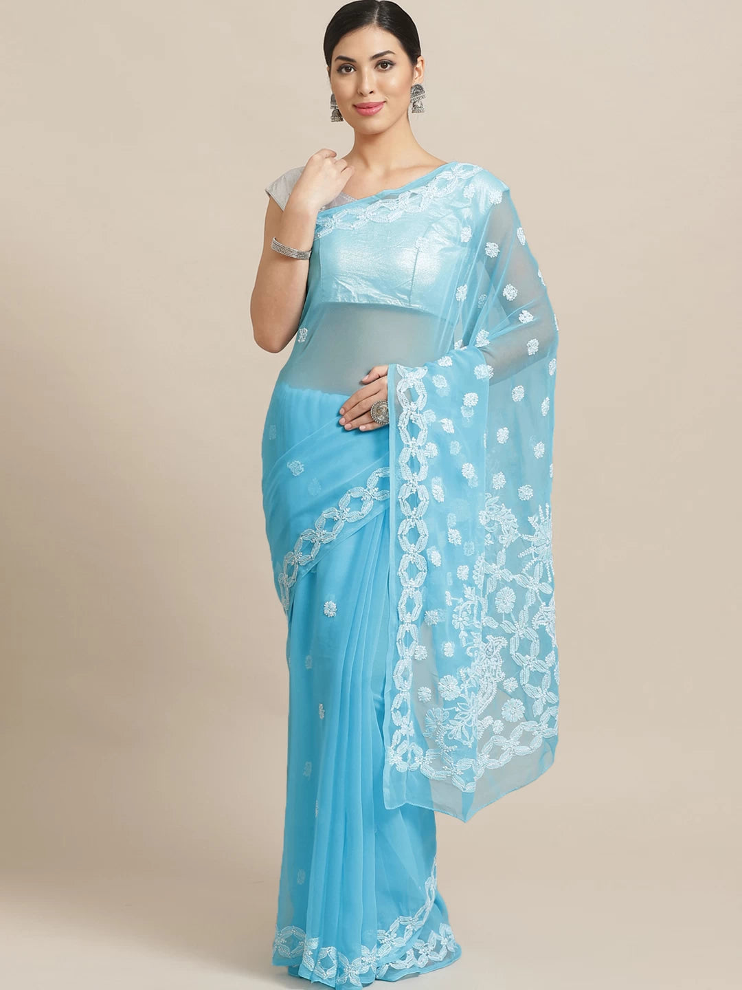 Ada Hand Embroidered Blue Georgette Lucknowi Chikankari Saree With Blouse A129562
