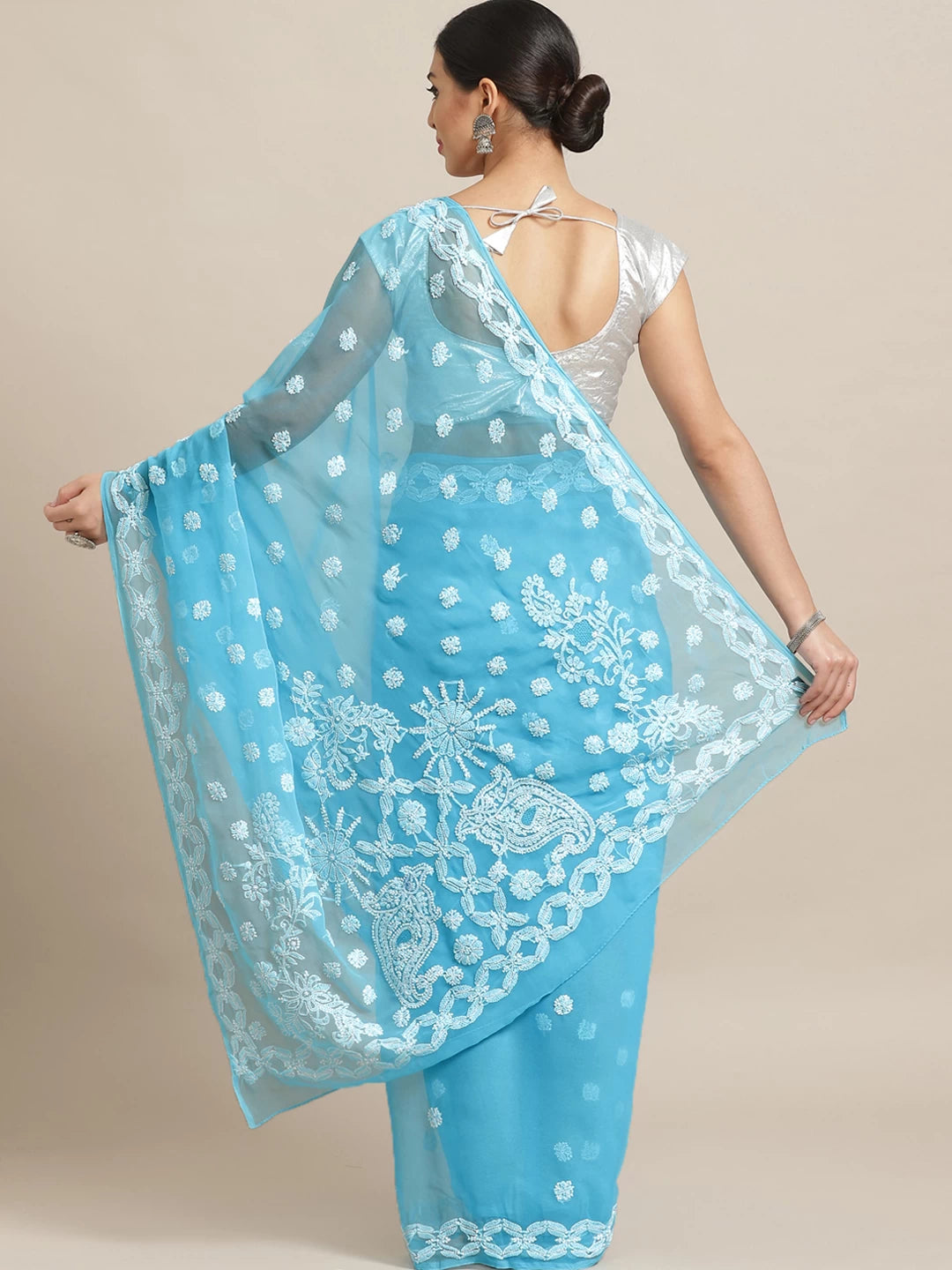 Ada Hand Embroidered Blue Georgette Lucknowi Chikankari Saree With Blouse A129562