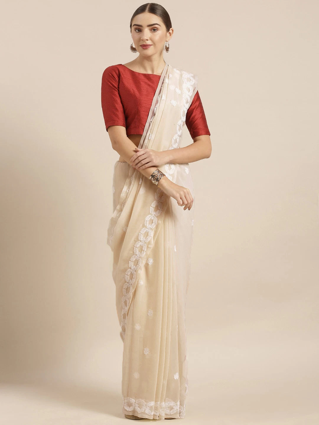 Ada Hand Embroidered Fawn Georgette Lucknowi Chikankari Saree With Blouse A130177