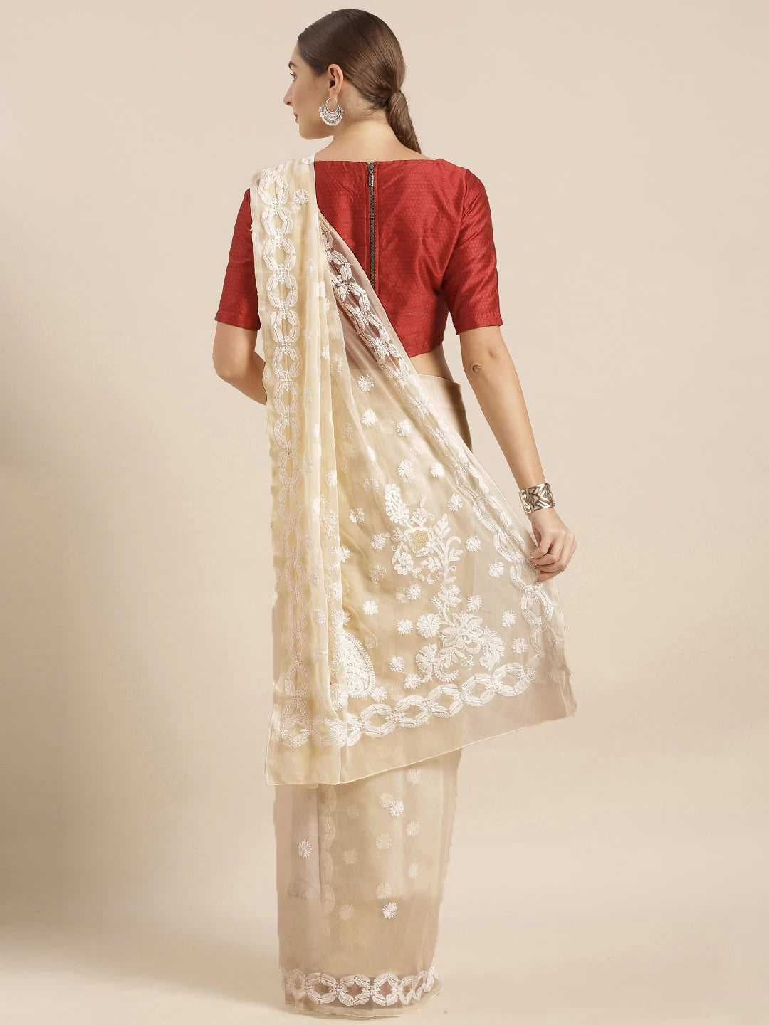 Ada Hand Embroidered Fawn Georgette Lucknowi Chikankari Saree With Blouse A130177