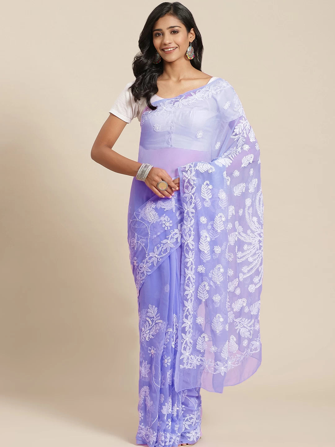 Ada Hand Embroidered Mauve Georgette Lucknow Chikan Saree With Blouse A311336