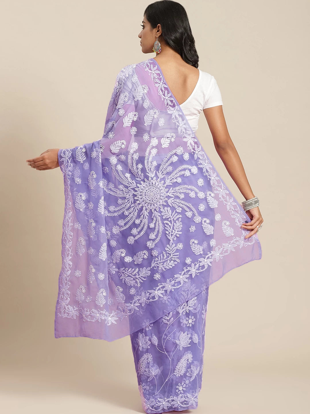 Ada Hand Embroidered Mauve Georgette Lucknow Chikan Saree With Blouse A311336
