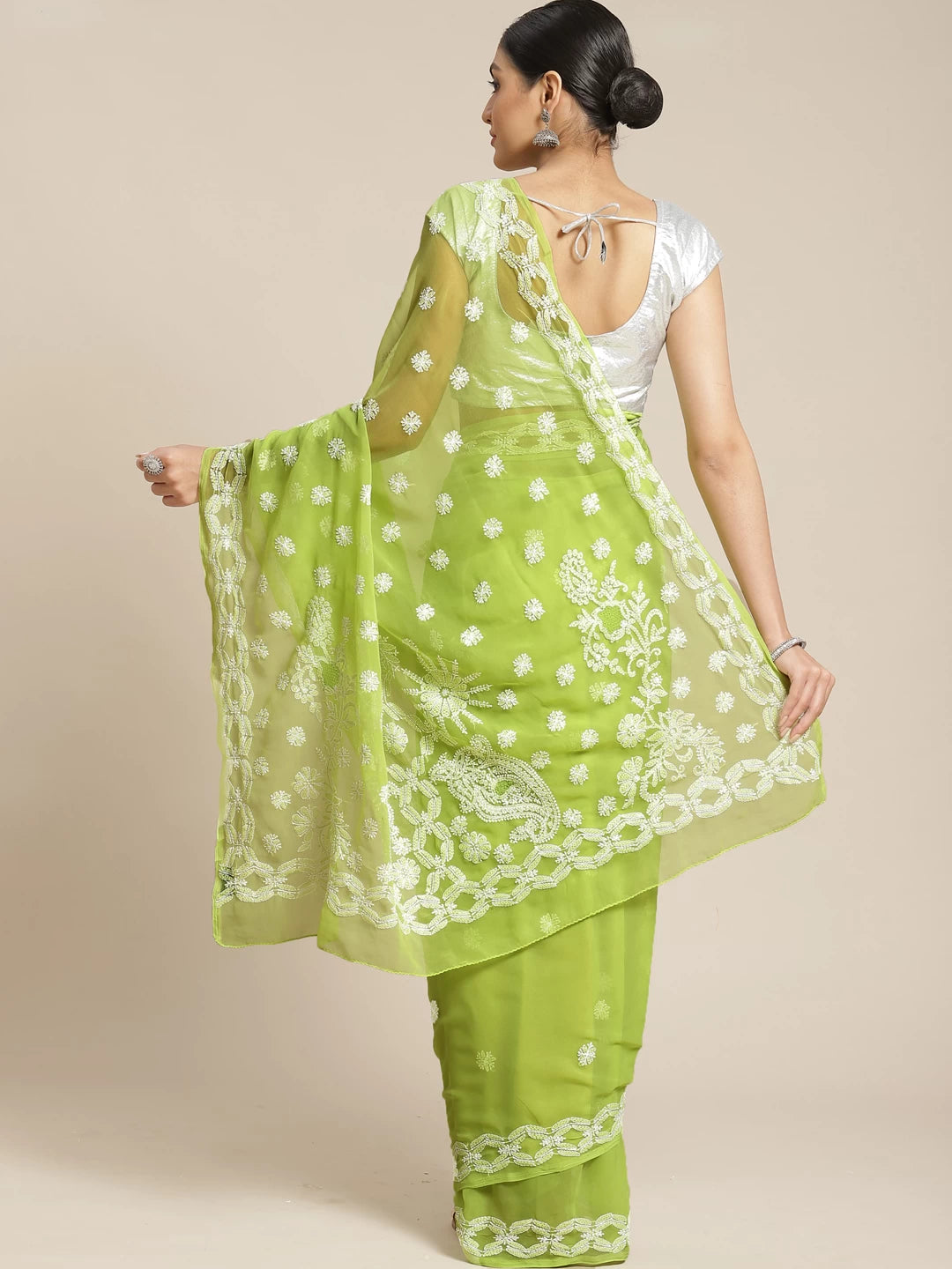 Ada Hand Embroidered Pear Green Georgette Lucknow Chikan Saree with Blouse A129561