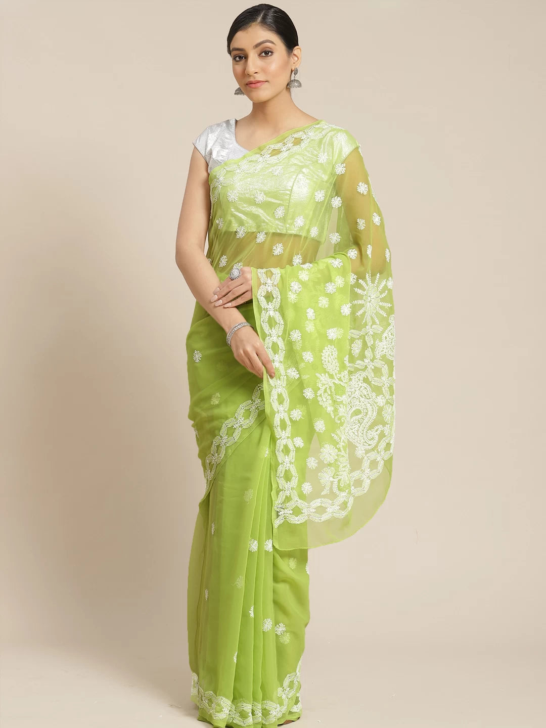Ada Hand Embroidered Pear Green Georgette Lucknow Chikan Saree with Blouse A129561