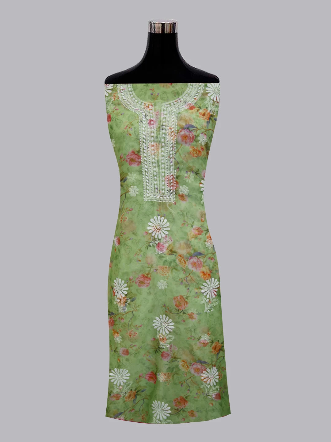 Ada Hand Embroidered Fern Green Organza Lucknowi Chikankari Unstitched Kurta Dupatta Set 01A4226155