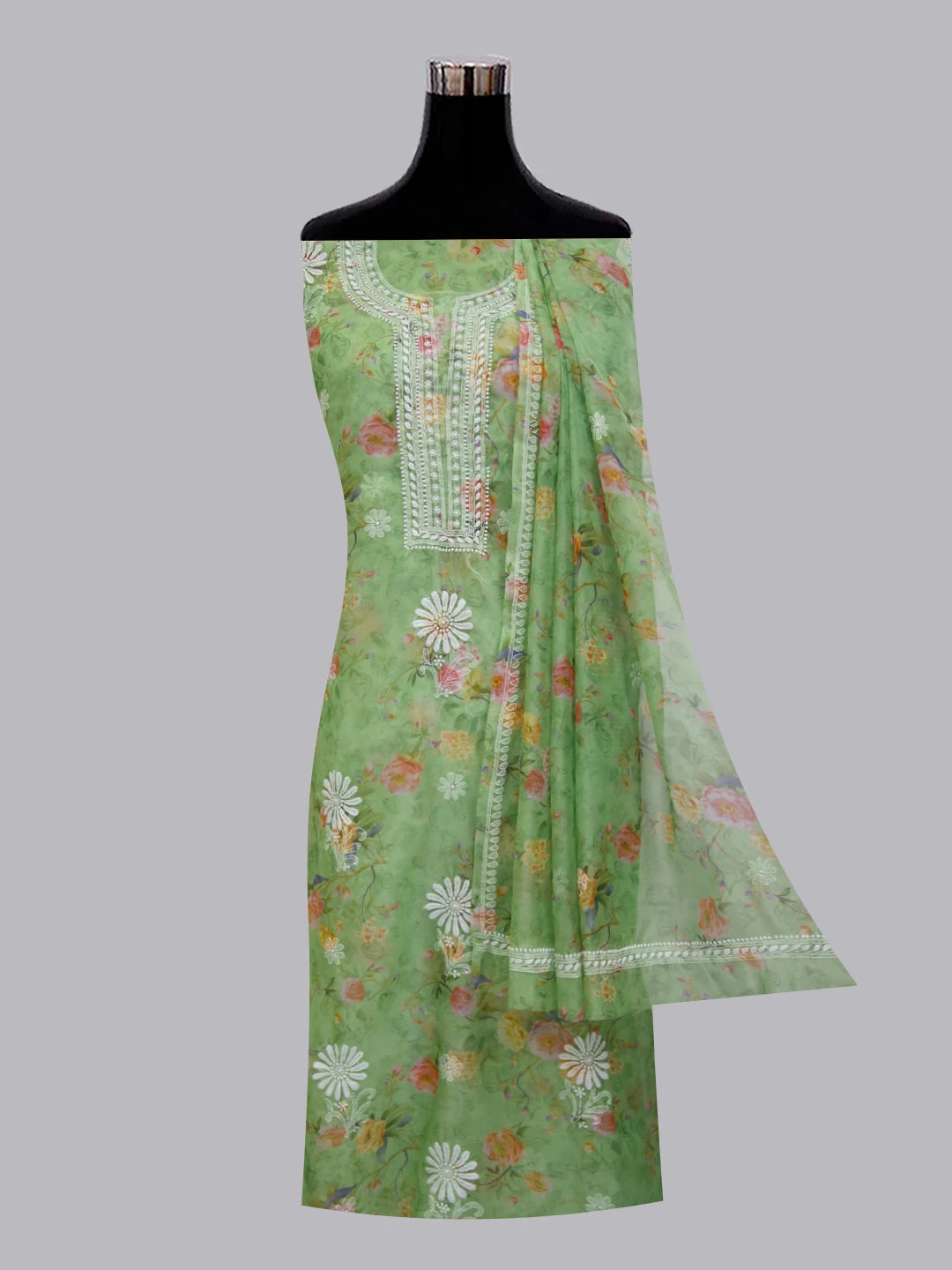 Ada Hand Embroidered Fern Green Organza Lucknowi Chikankari Unstitched Kurta Dupatta Set 01A4226155