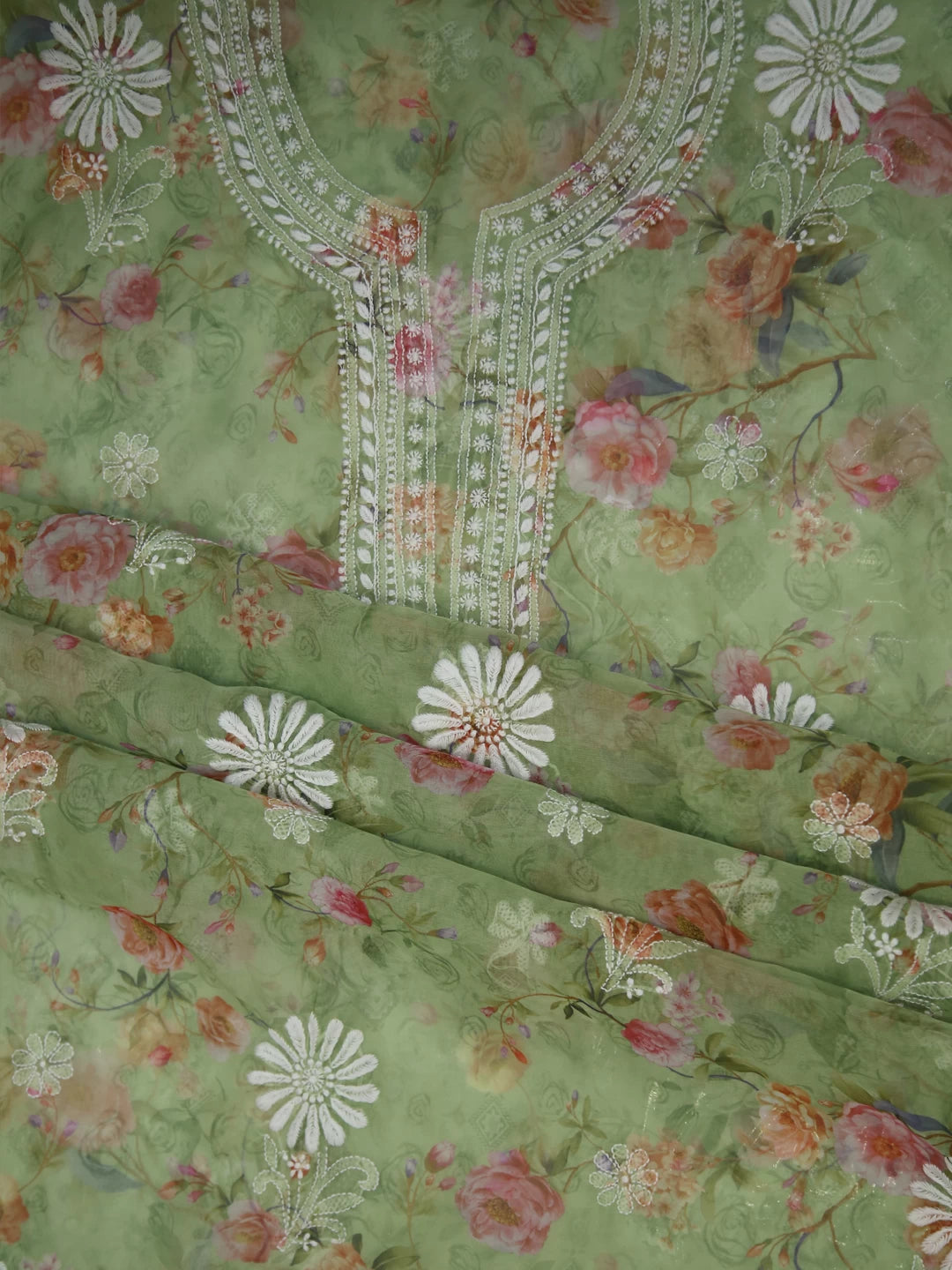 Ada Hand Embroidered Fern Green Organza Lucknowi Chikankari Unstitched Kurta Dupatta Set 01A4226155