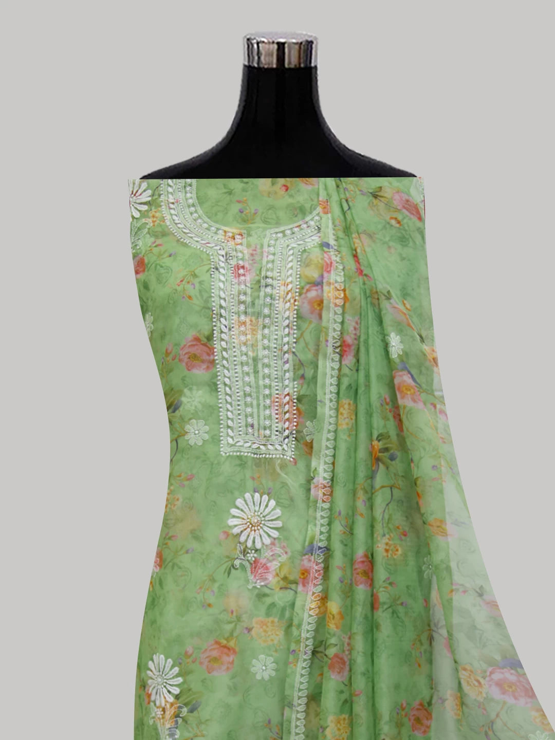 Ada Hand Embroidered Fern Green Organza Lucknowi Chikankari Unstitched Kurta Dupatta Set 01A4226155