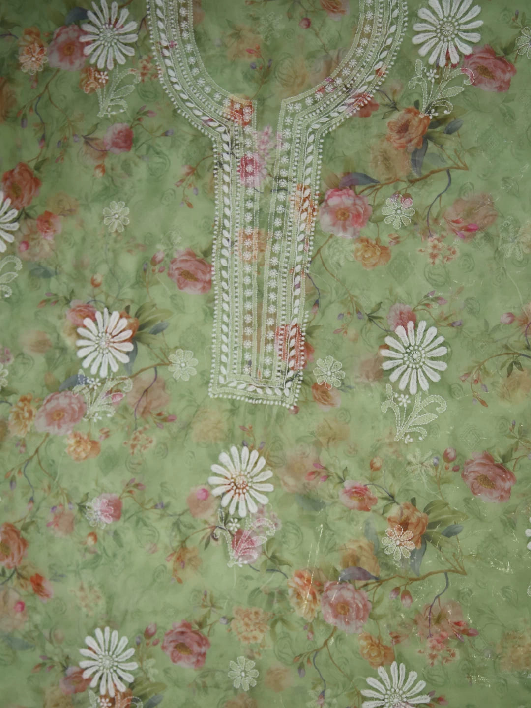 Ada Hand Embroidered Fern Green Organza Lucknowi Chikankari Unstitched Kurta Dupatta Set 01A4226155