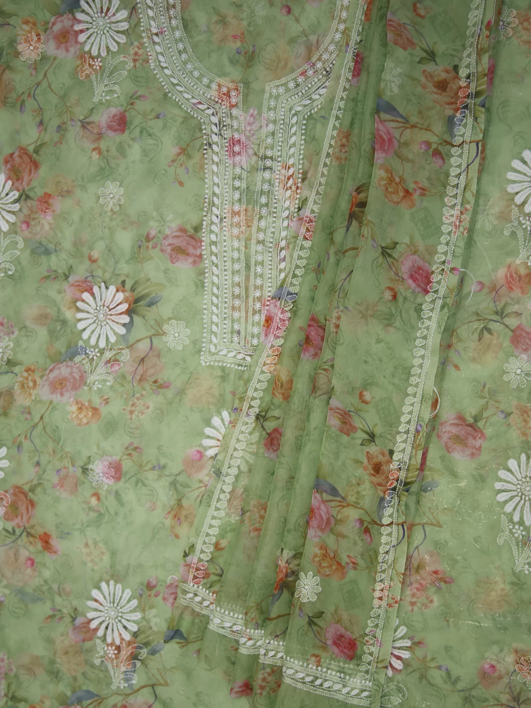 Ada Hand Embroidered Fern Green Organza Lucknowi Chikankari Unstitched Kurta Dupatta Set 01A4226155