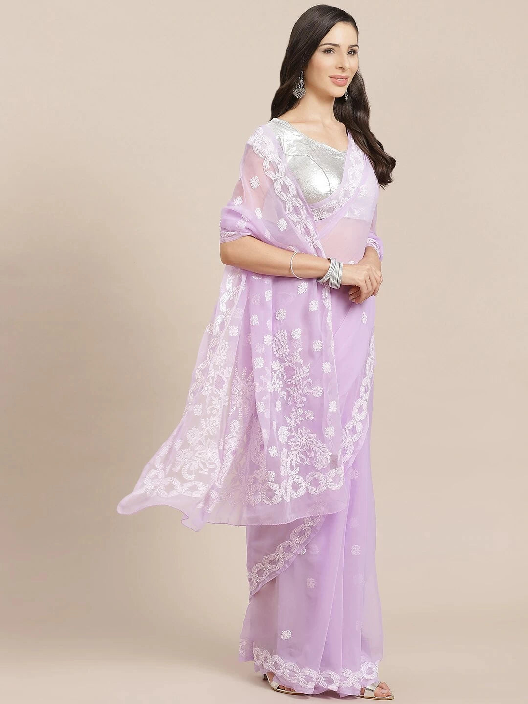 Ada Hand Embroidered Lavender Georgette Lucknow Chikan Saree with Blouse A129559