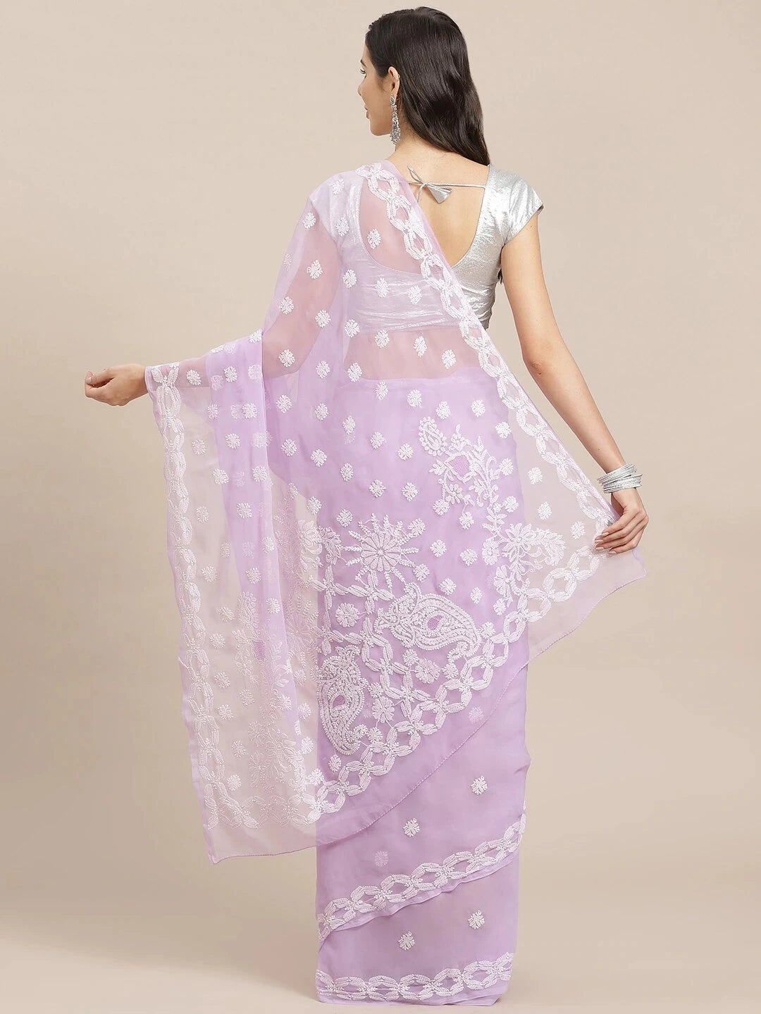 Ada Hand Embroidered Lavender Georgette Lucknow Chikan Saree with Blouse A129559