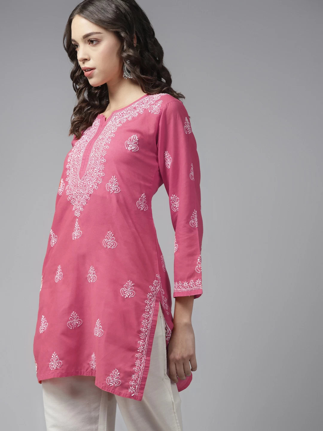 Ada Hand Embroidered French Pink Cotton Lucknowi Chikankari Short Kurti A911361