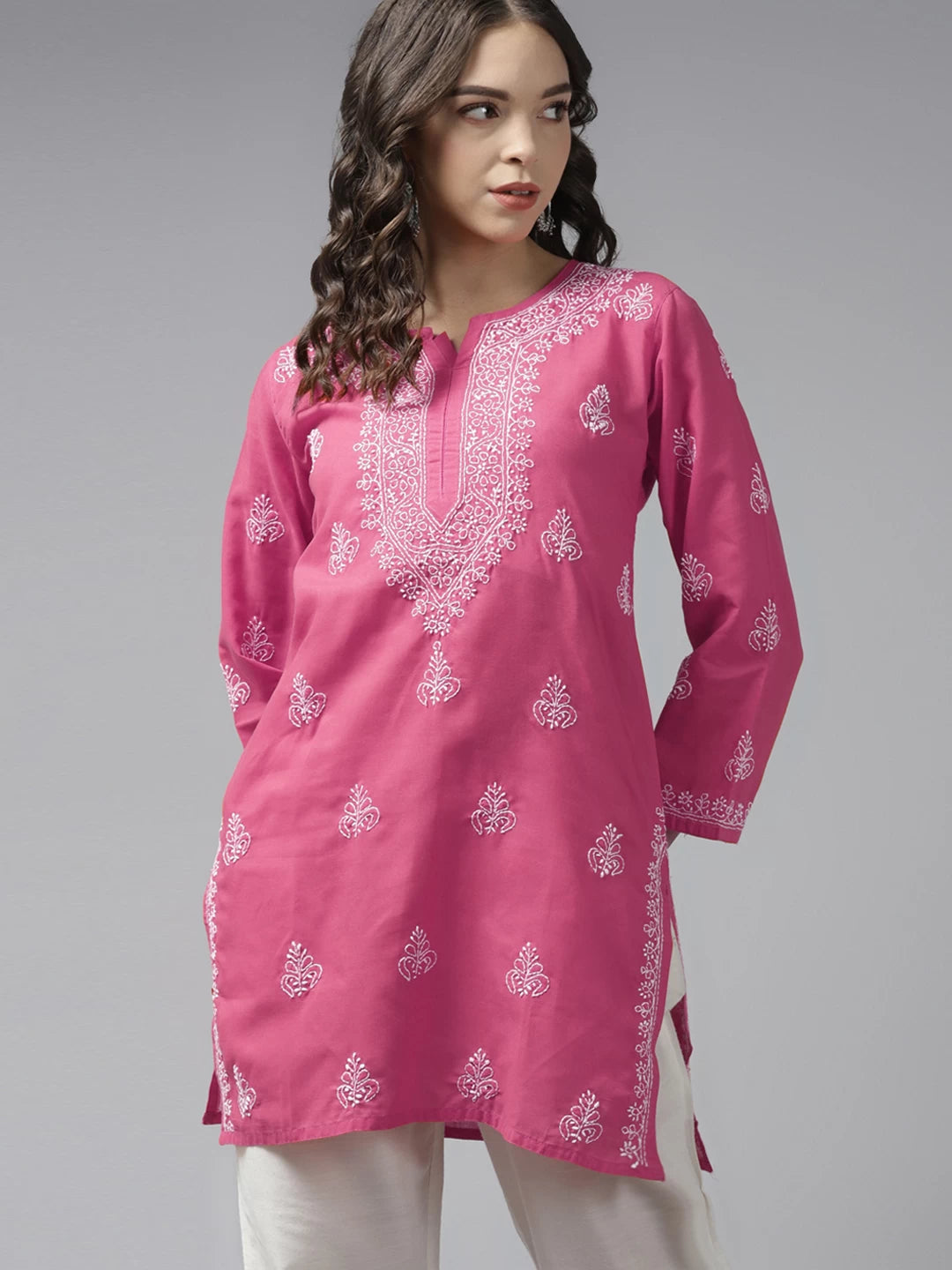 Ada Hand Embroidered French Pink Cotton Lucknowi Chikankari Short Kurti A911361