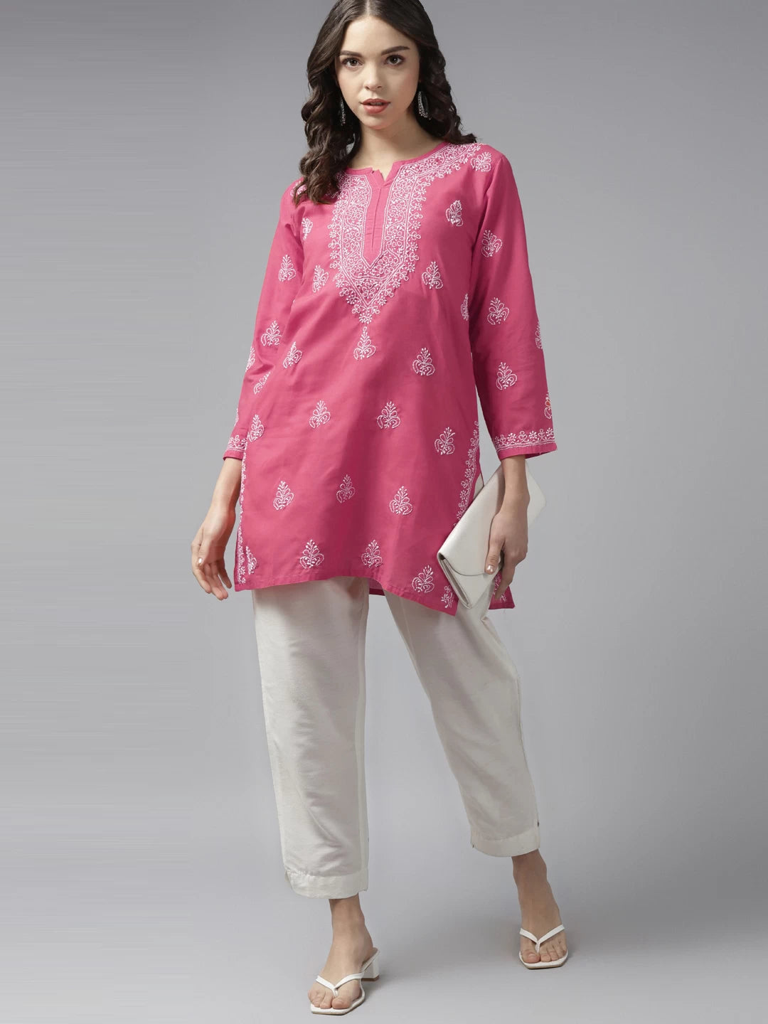 Ada Hand Embroidered French Pink Cotton Lucknowi Chikankari Short Kurti A911361