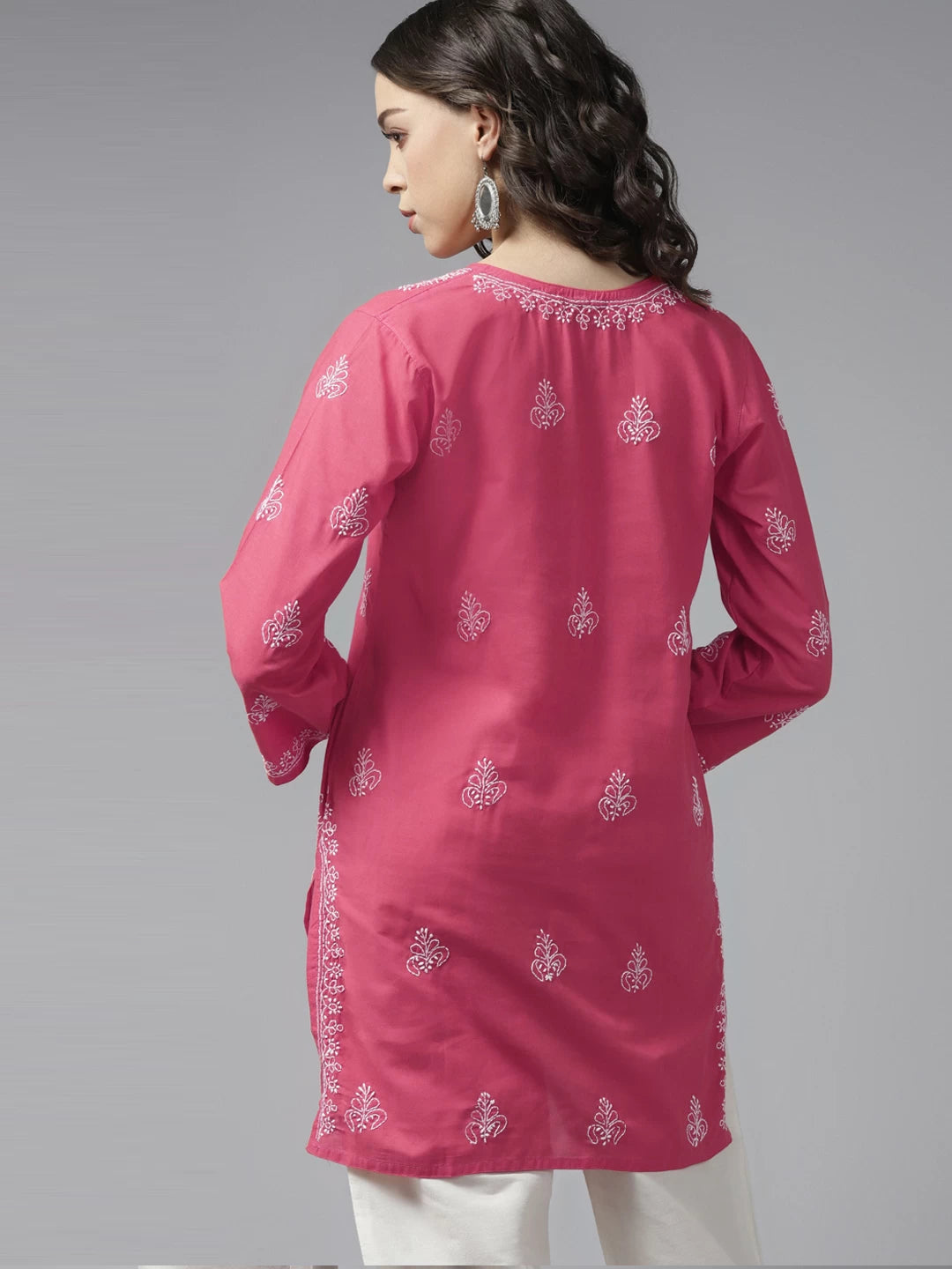 Ada Hand Embroidered French Pink Cotton Lucknowi Chikankari Short Kurti A911361