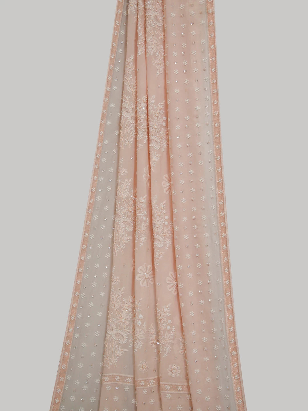 Ada Hand Embroidered Light Peach Pure Georgette Lucknowi Chikankari Dupatta With Pearl Work 01A124737