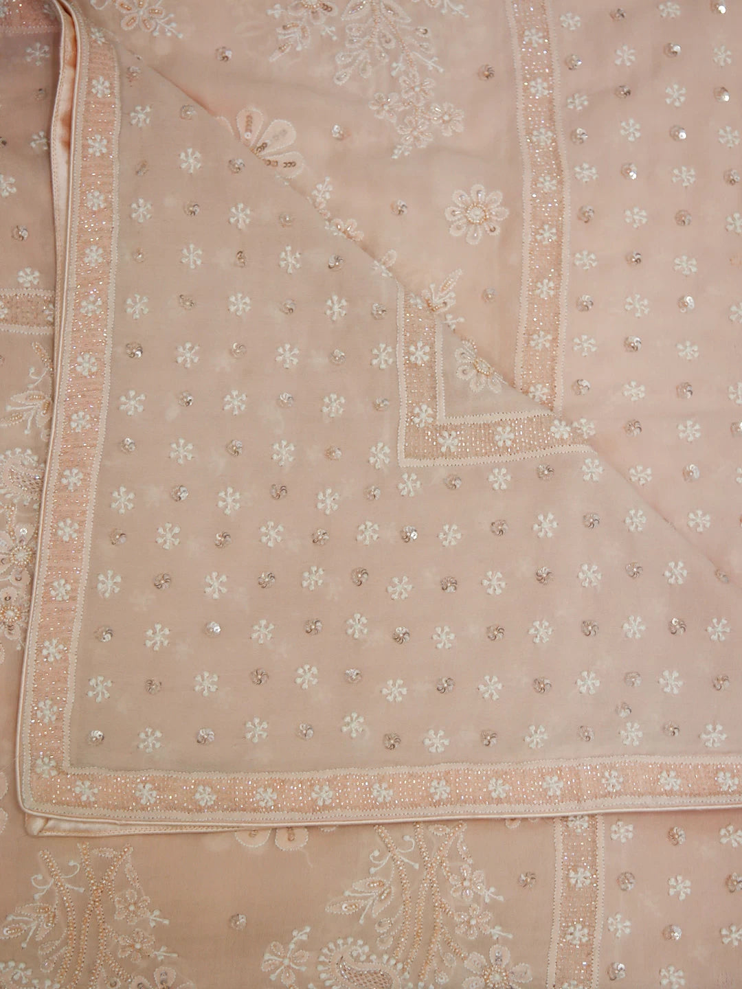 Ada Hand Embroidered Light Peach Pure Georgette Lucknowi Chikankari Dupatta With Pearl Work 01A124737