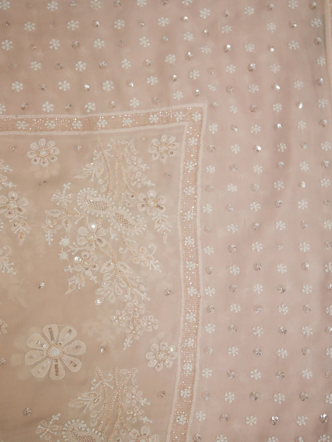 Ada Hand Embroidered Light Peach Pure Georgette Lucknowi Chikankari Dupatta With Pearl Work 01A124737