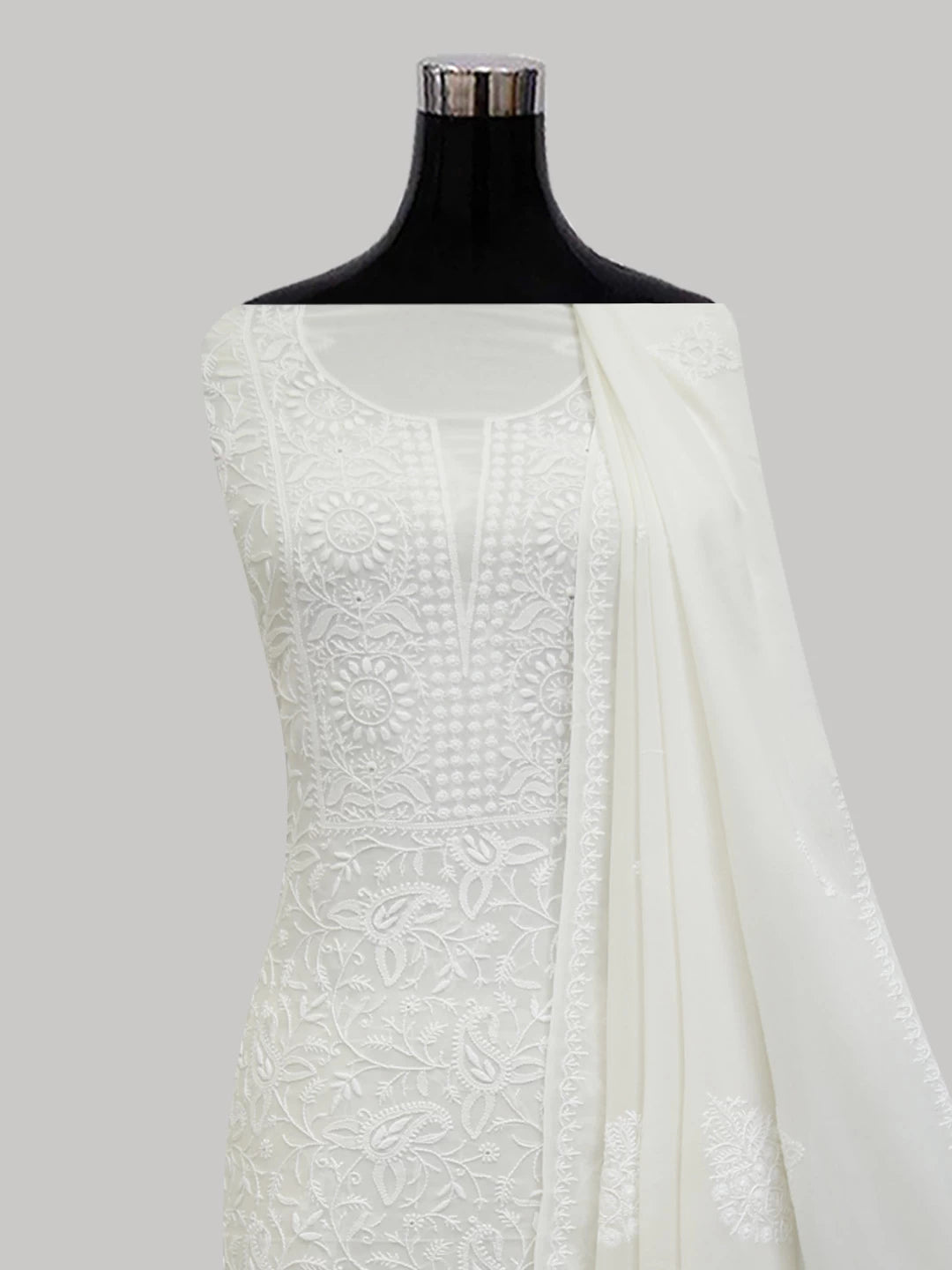 Ada Hand Embroidered Ivory White Pure Georgette Lucknowi Chikankari Unstitched Kurta Dupatta Set 01A309630