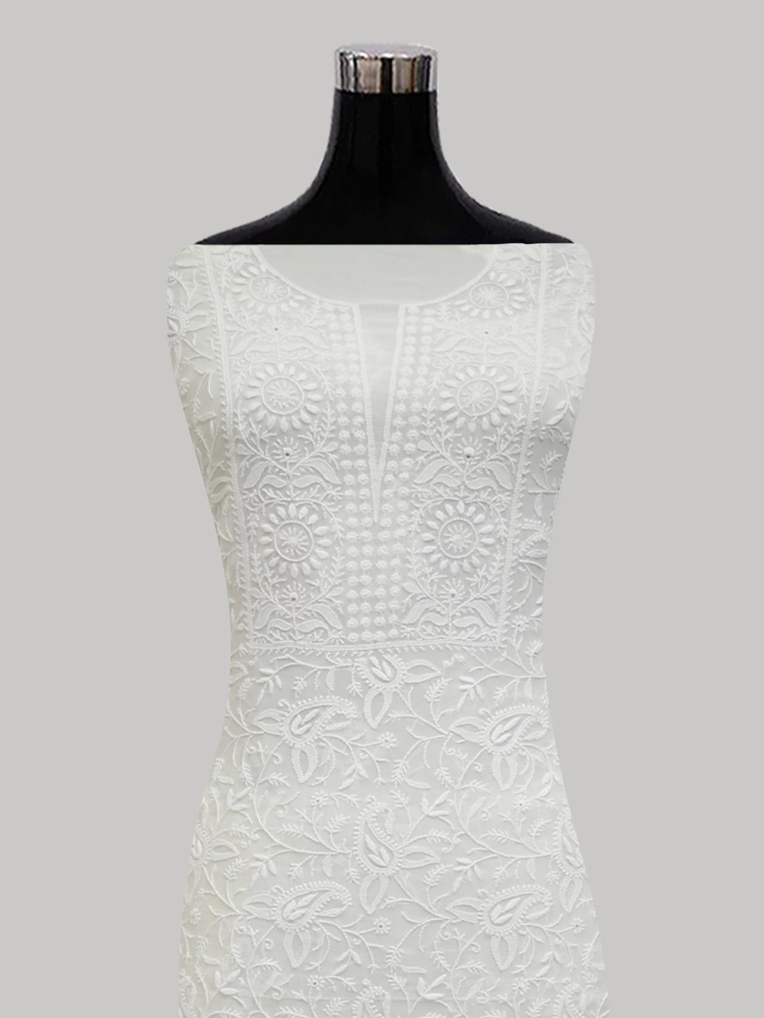 Ada Hand Embroidered Ivory White Pure Georgette Lucknowi Chikankari Unstitched Kurta Dupatta Set 01A309630