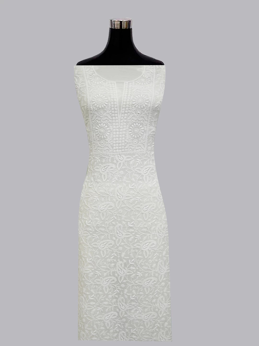 Ada Hand Embroidered Ivory White Pure Georgette Lucknowi Chikankari Unstitched Kurta Dupatta Set 01A309630