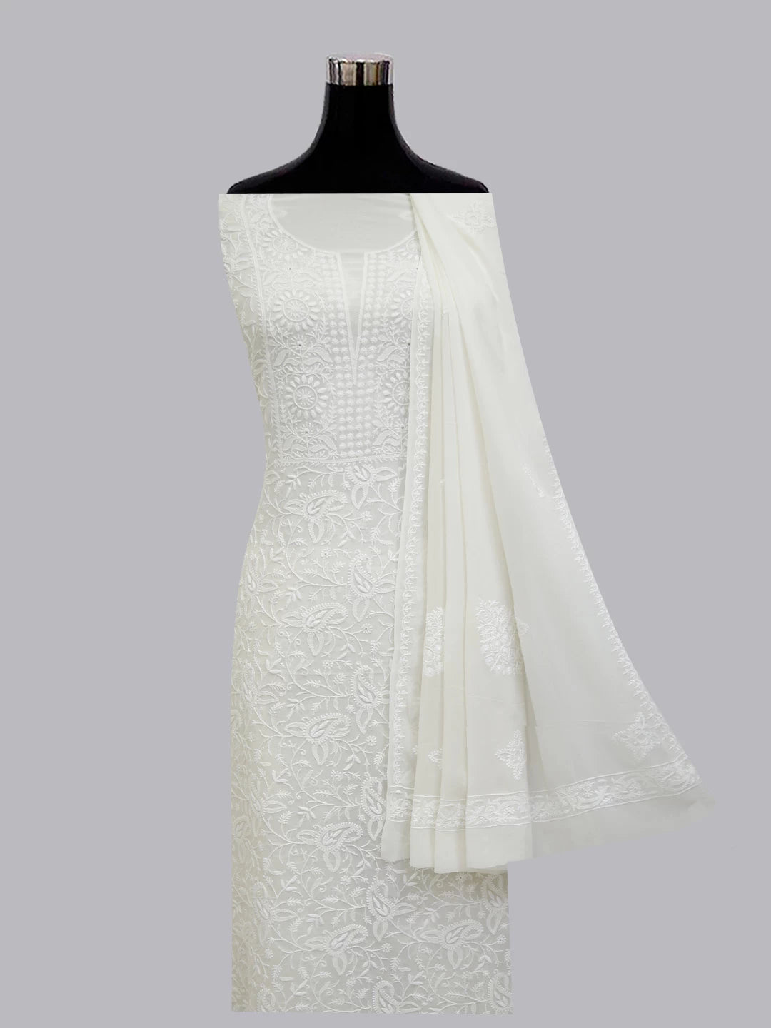 Ada Hand Embroidered Ivory White Pure Georgette Lucknowi Chikankari Unstitched Kurta Dupatta Set 01A309630