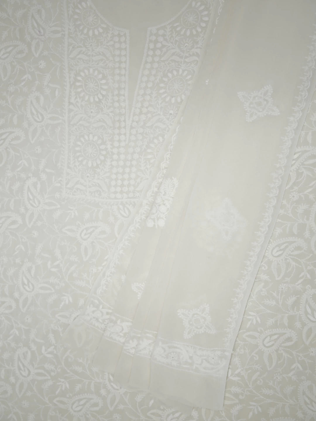 Ada Hand Embroidered Ivory White Pure Georgette Lucknowi Chikankari Unstitched Kurta Dupatta Set 01A309630