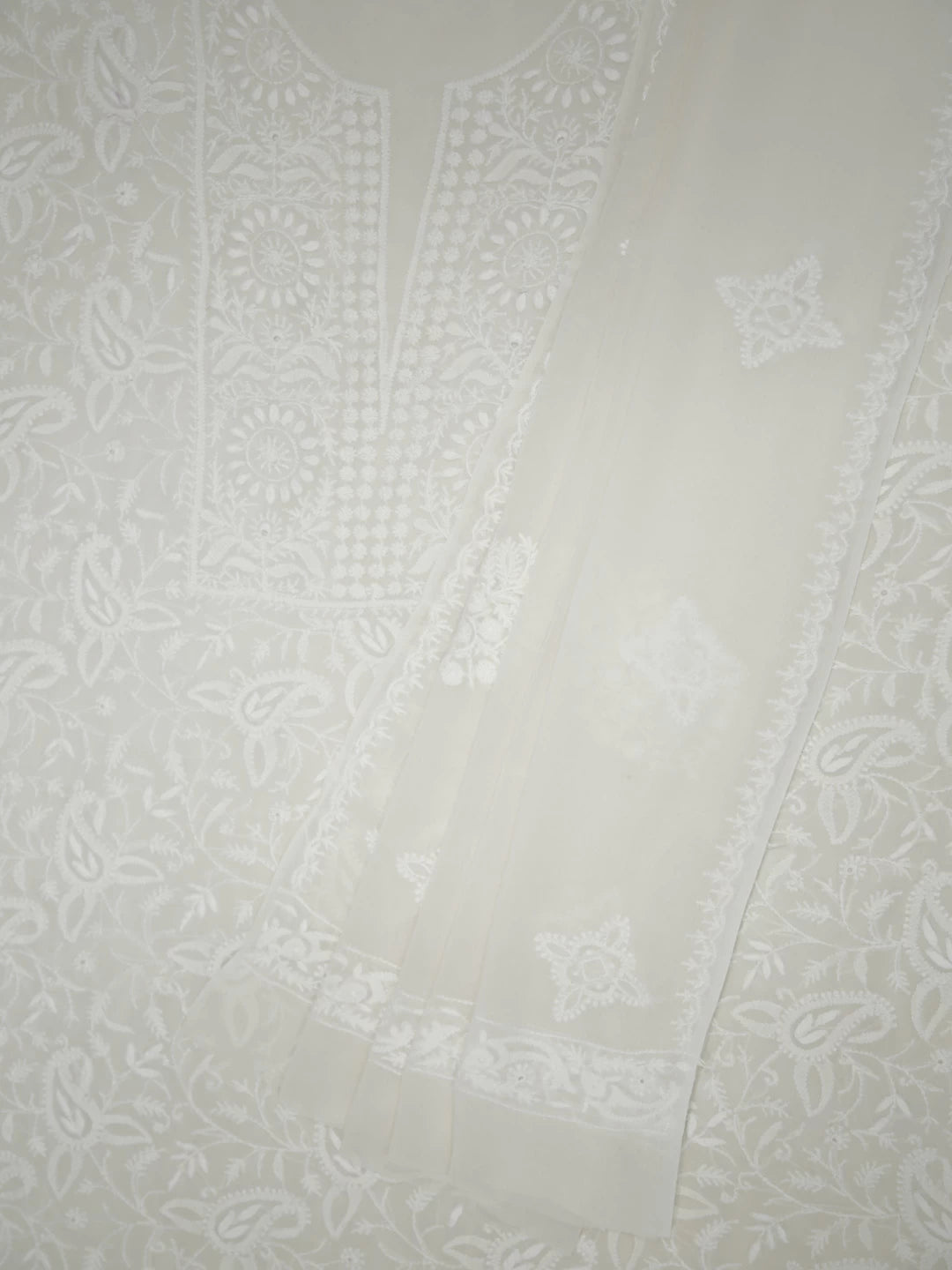 Ada Hand Embroidered Ivory White Pure Georgette Lucknowi Chikankari Unstitched Kurta Dupatta Set 01A309630
