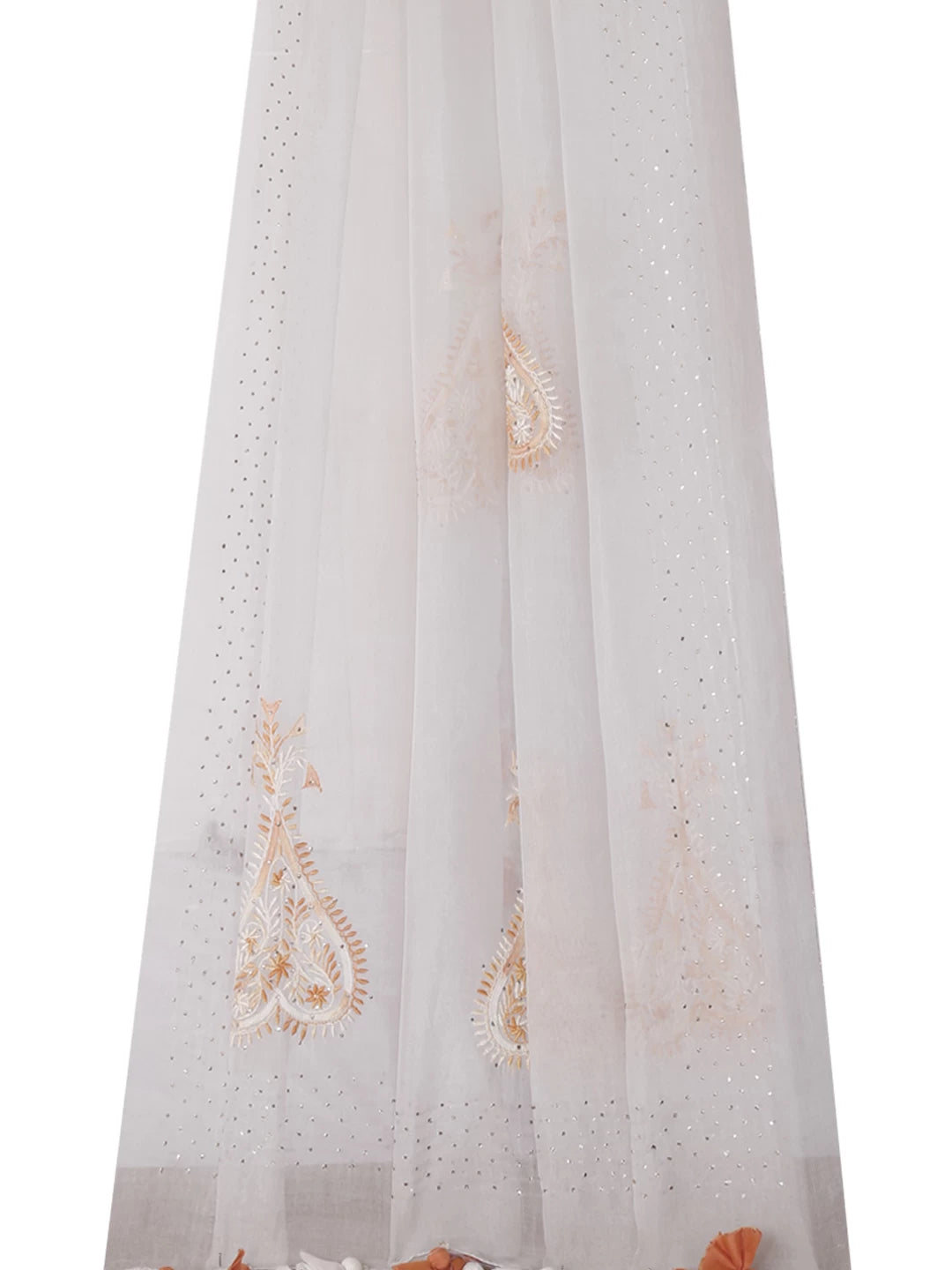Ada Hand Embroidered Dove Grey Organza Lucknowi Chikankari Dupatta With Mukaish Work A462776