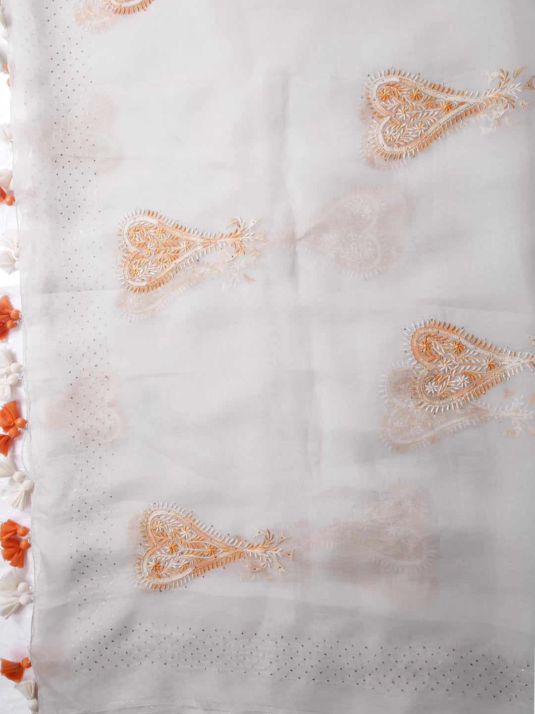 Ada Hand Embroidered Dove Grey Organza Lucknowi Chikankari Dupatta With Mukaish Work A462776
