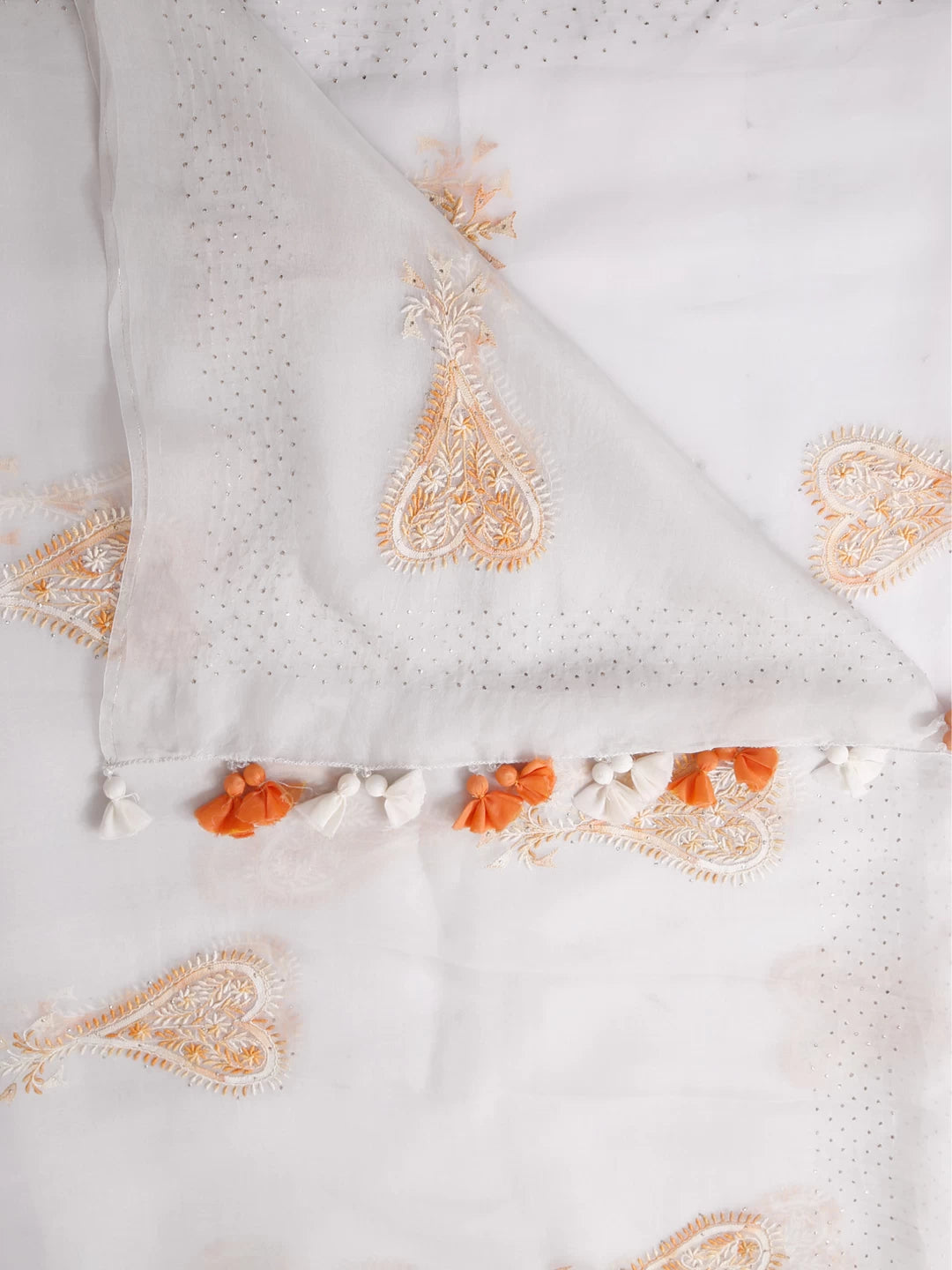 Ada Hand Embroidered Dove Grey Organza Lucknowi Chikankari Dupatta With Mukaish Work A462776