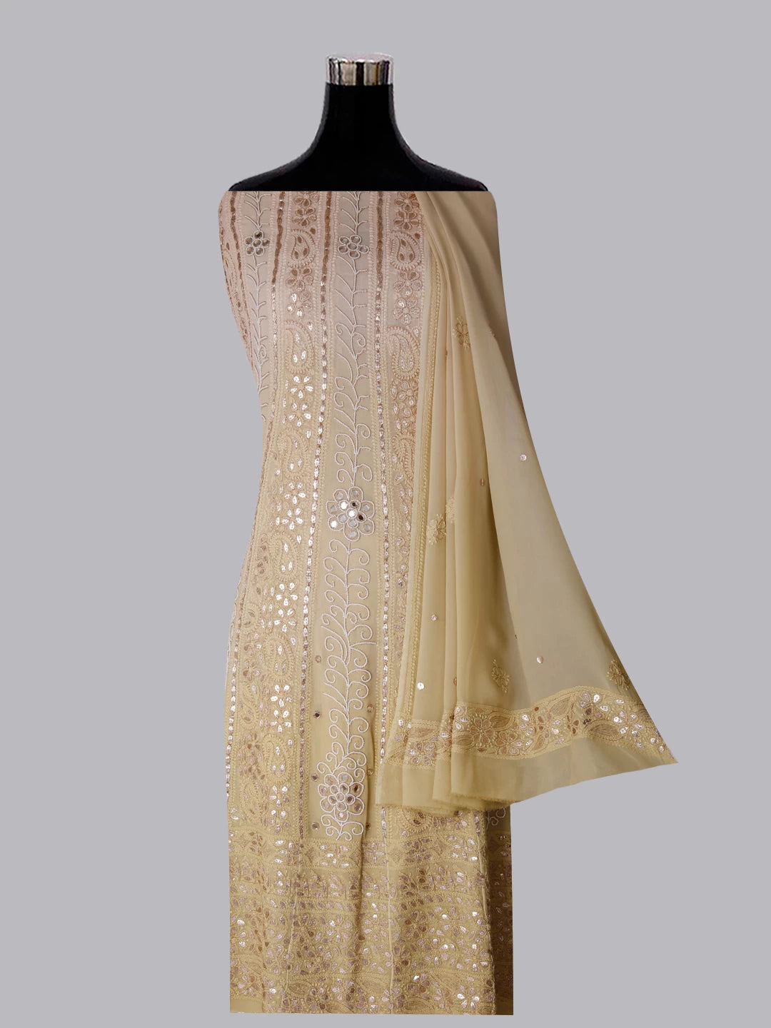 Ada Hand Embroidered Green Ombre Shade Georgette Lucknowi Chikankari Semi-Stitched Anarkali Kurta Dupatta Set With Pearl Work 01A352604