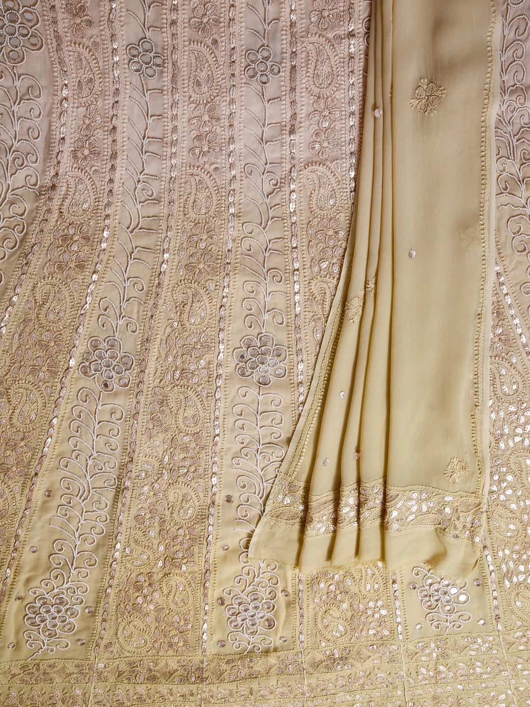 Ada Hand Embroidered Green Ombre Shade Georgette Lucknowi Chikankari Semi-Stitched Anarkali Kurta Dupatta Set With Pearl Work 01A352604
