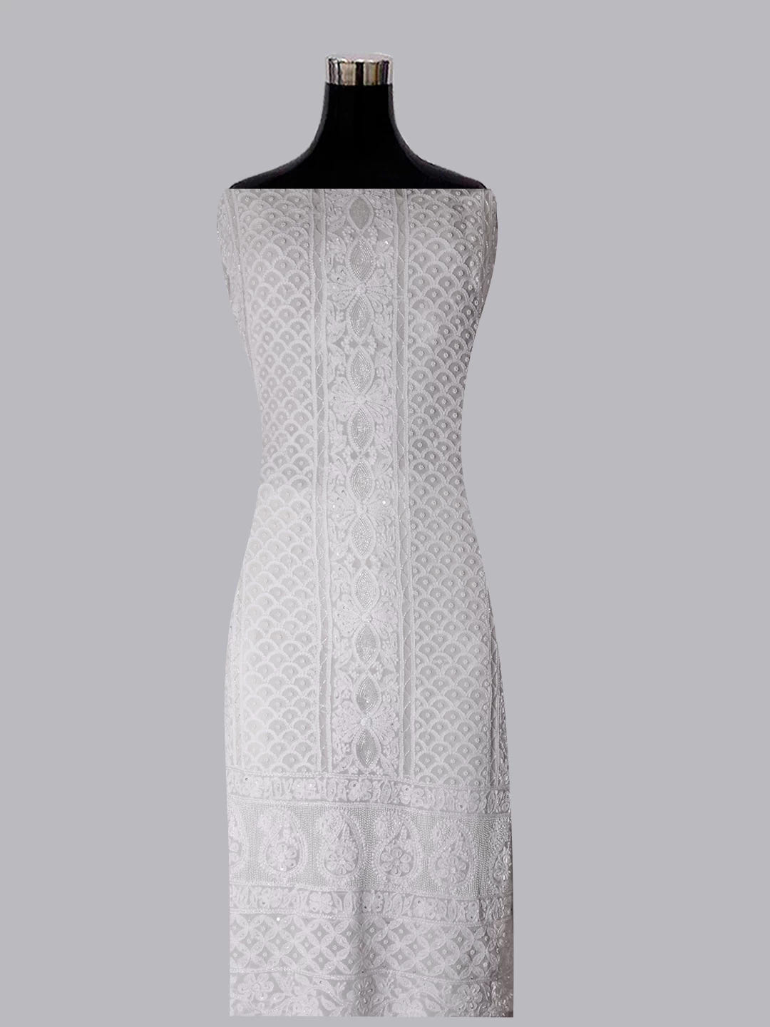 Ada Hand Embroidered Ivory White Pure Georgette Lucknowi Chikankari Unstitched Kurta Dupatta Set With Pearl Work 01A392586